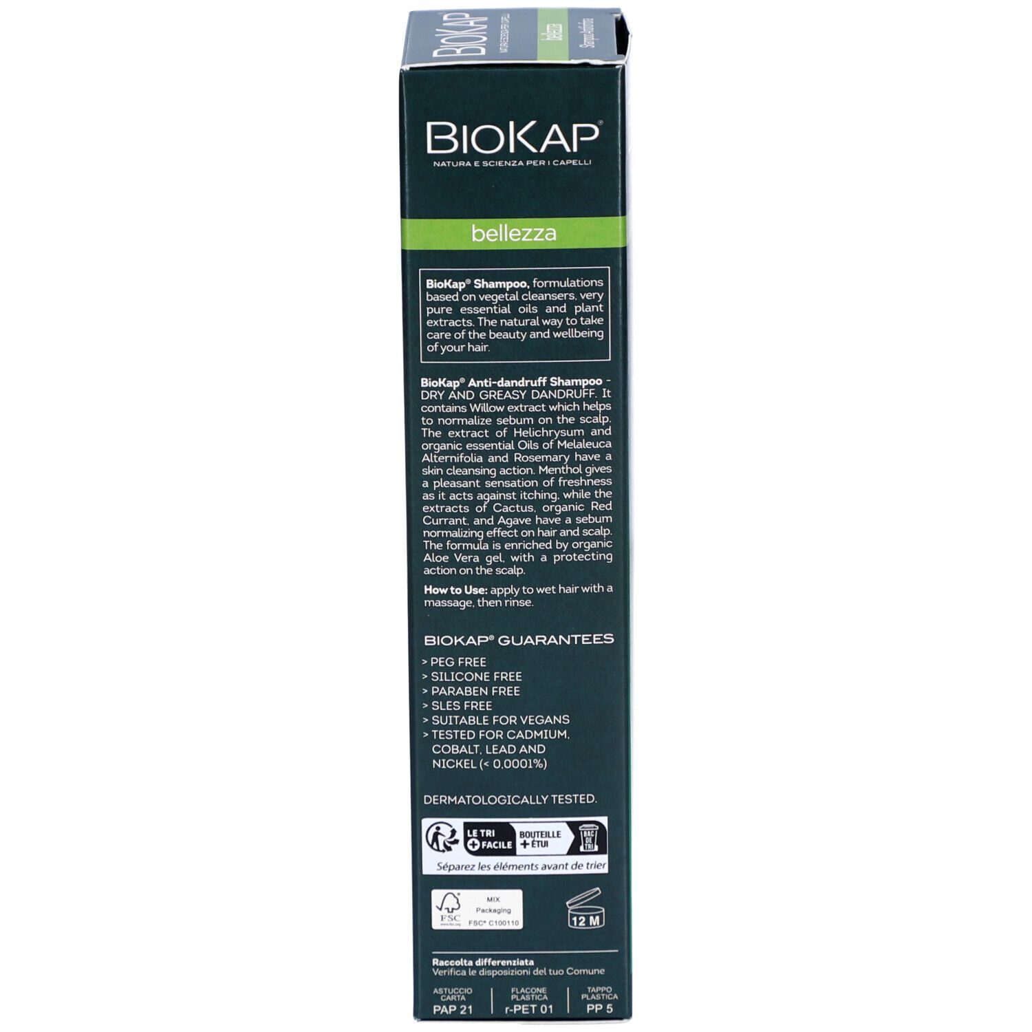 BIOKAP shampoo verpakking, achterkant. Tekst met productinformatie en certificeringen.