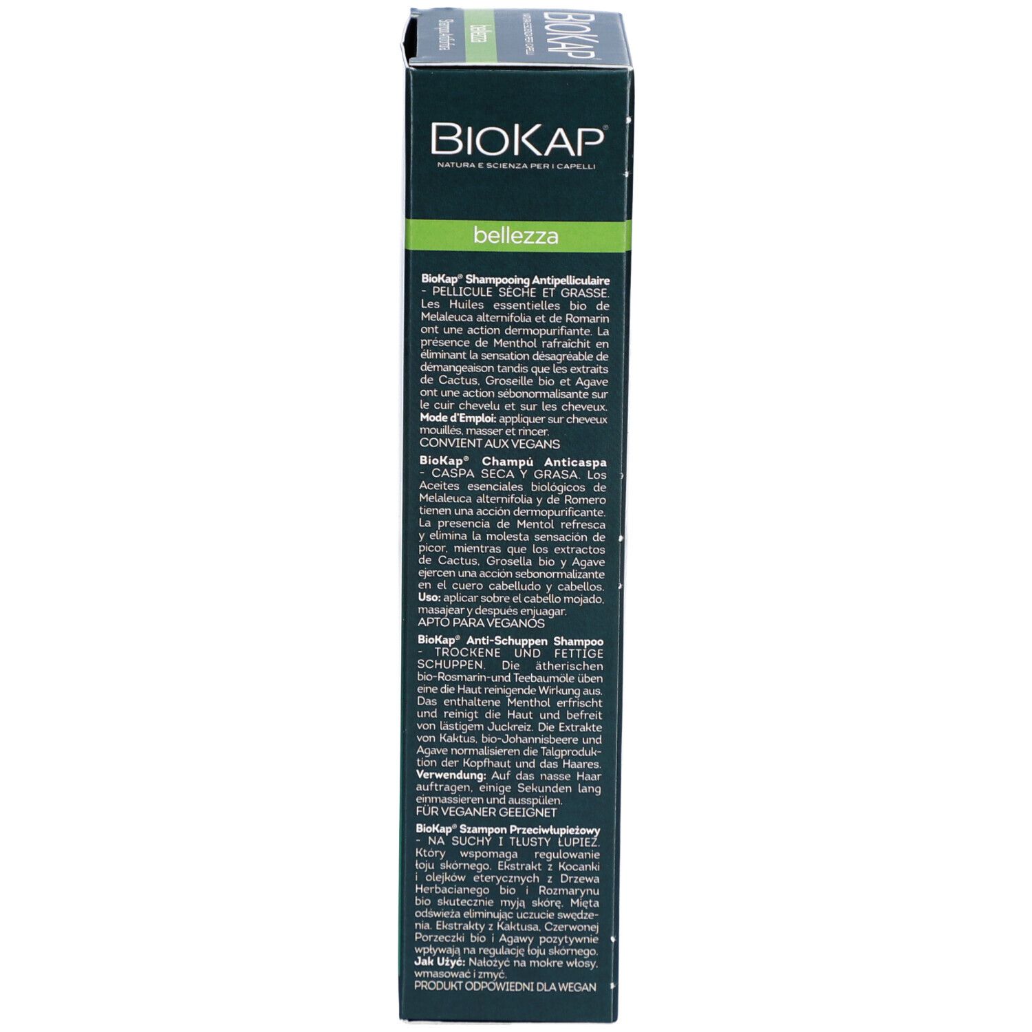 BIOKAP shampoo verpakking, zijkant. Tekst met productinformatie in verschillende talen.