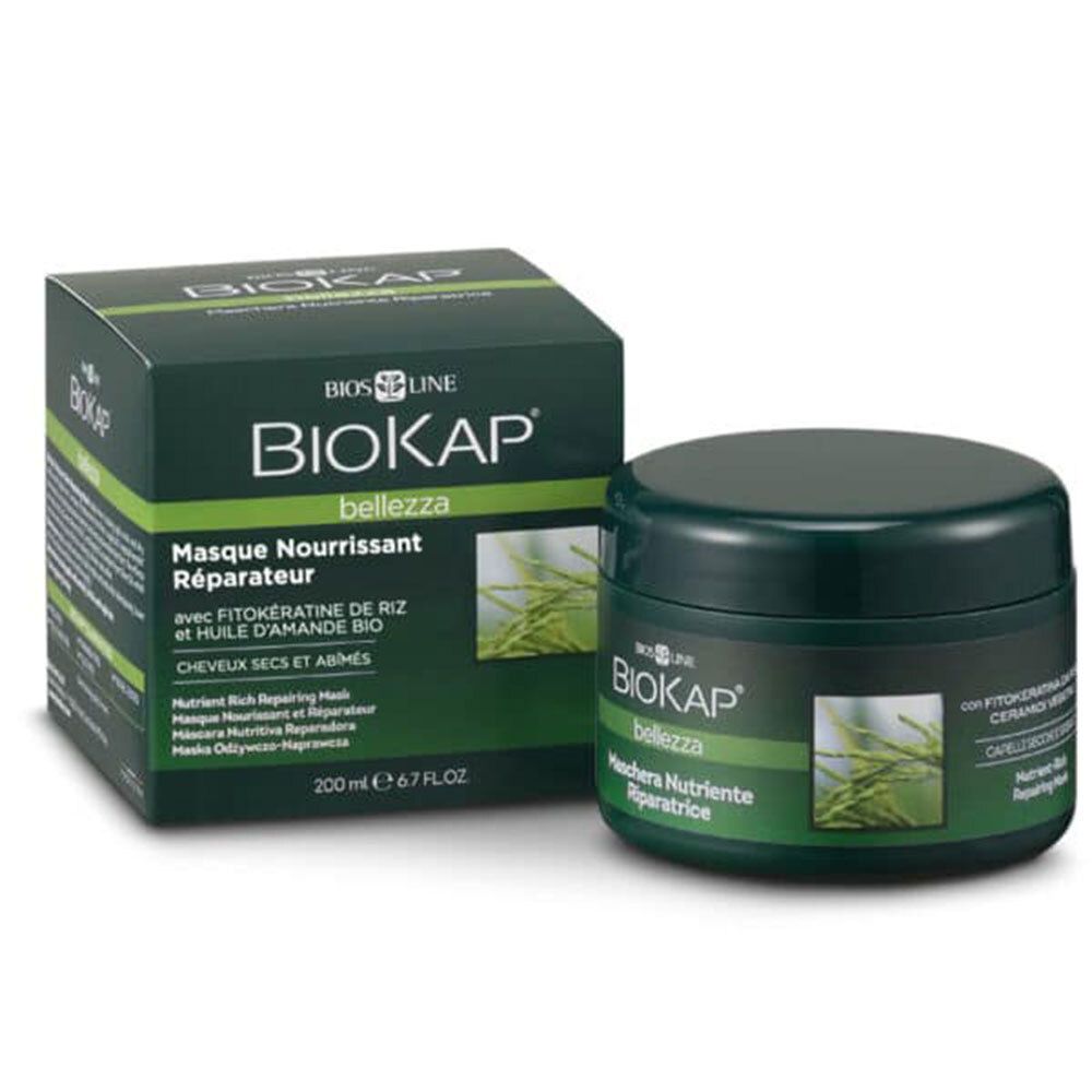 Groene pot en doos met BIOKAP-logo en tekst. Bevat haarmasker. Opschrift: Masque Nourrissant Réparateur.