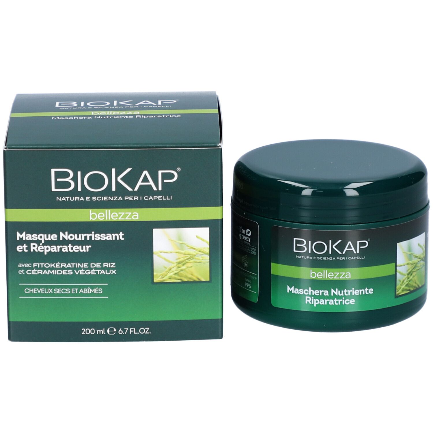Groene pot en doos met BIOKAP-logo en tekst. Bevat haarmasker. Opschrift: Masque Nourrissant et Réparateur.