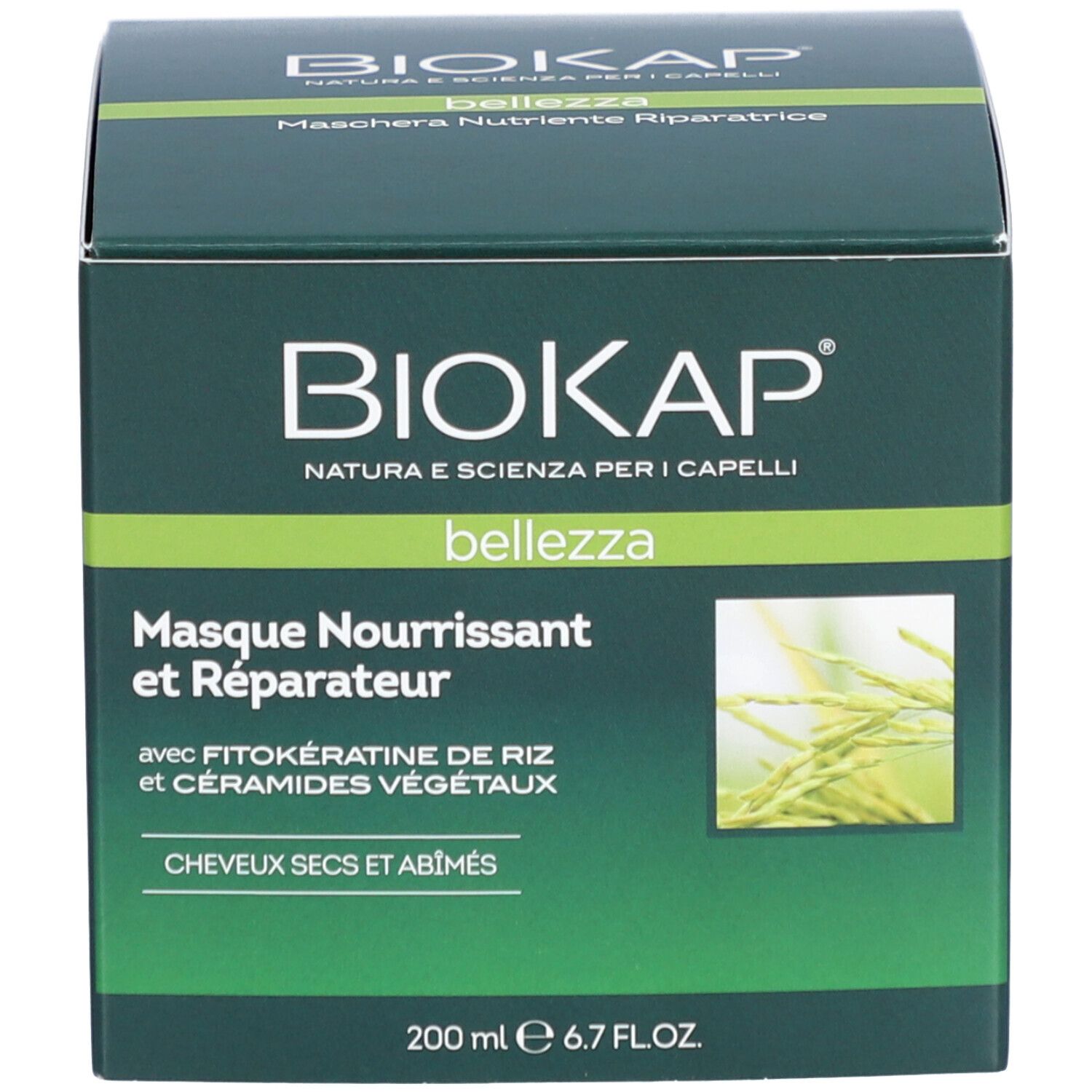 Groene doos met BIOKAP-logo en tekst. Bevat haarmasker. Opschrift: Masque Nourrissant et Réparateur.