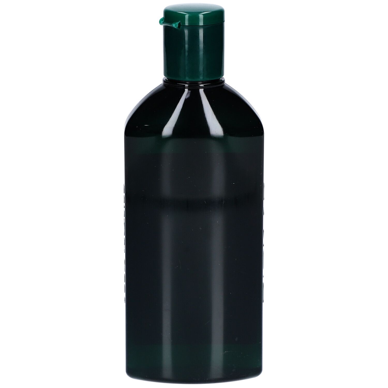 Groene shampoo fles. Zwarte achtergrond. Groene dop. Opschrift BIOKAP onleesbaar. Geen andere details zichtbaar.