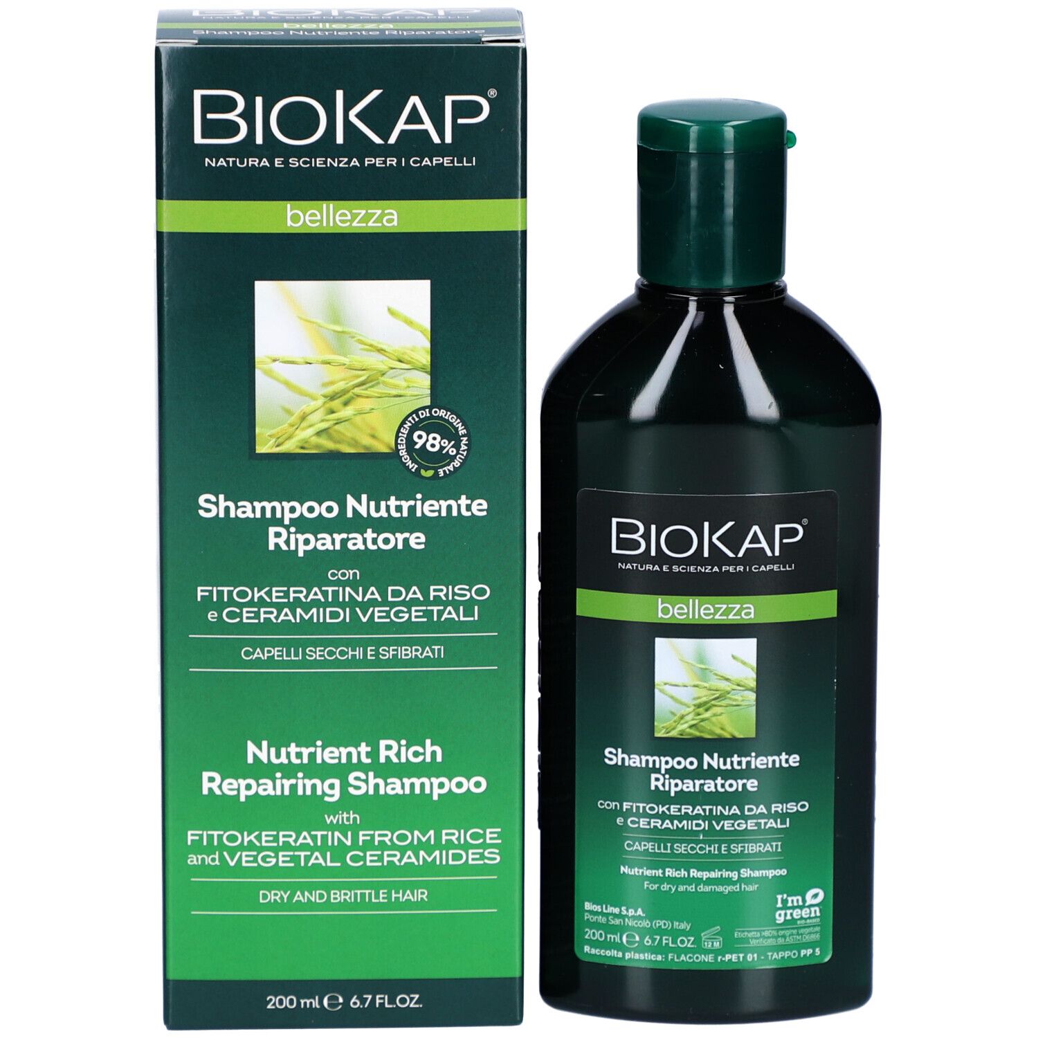 Groene shampoo fles en doos. BIOKAP logo, Shampoo Nutriente Riparatore. Voor droog en beschadigd haar. 98% ingrediënten van natuurlijke oorsprong.