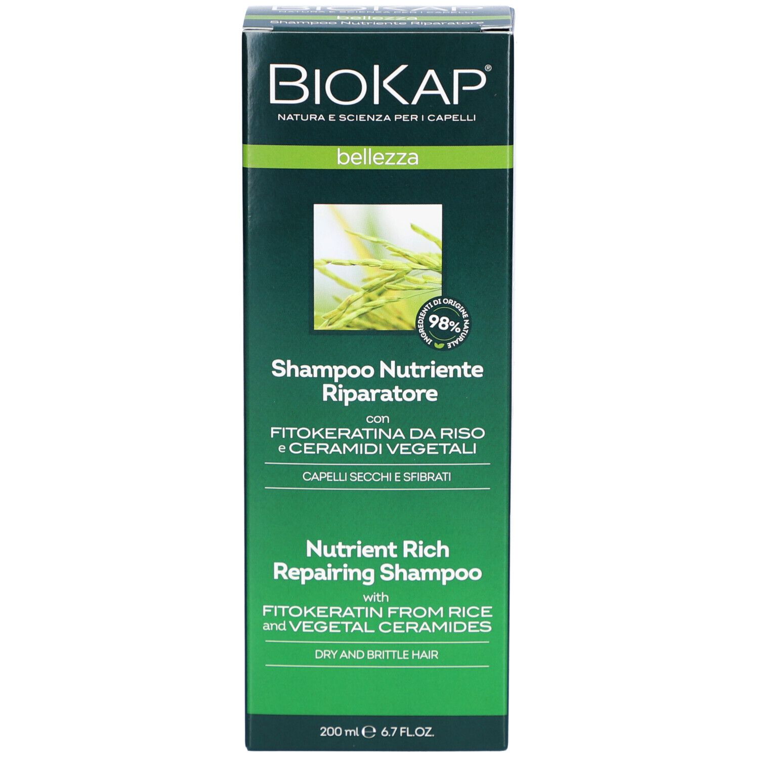 Groene doos met BIOKAP logo. Shampoo Nutriente Riparatore. Voor droog en beschadigd haar. 98% ingrediënten van natuurlijke oorsprong.