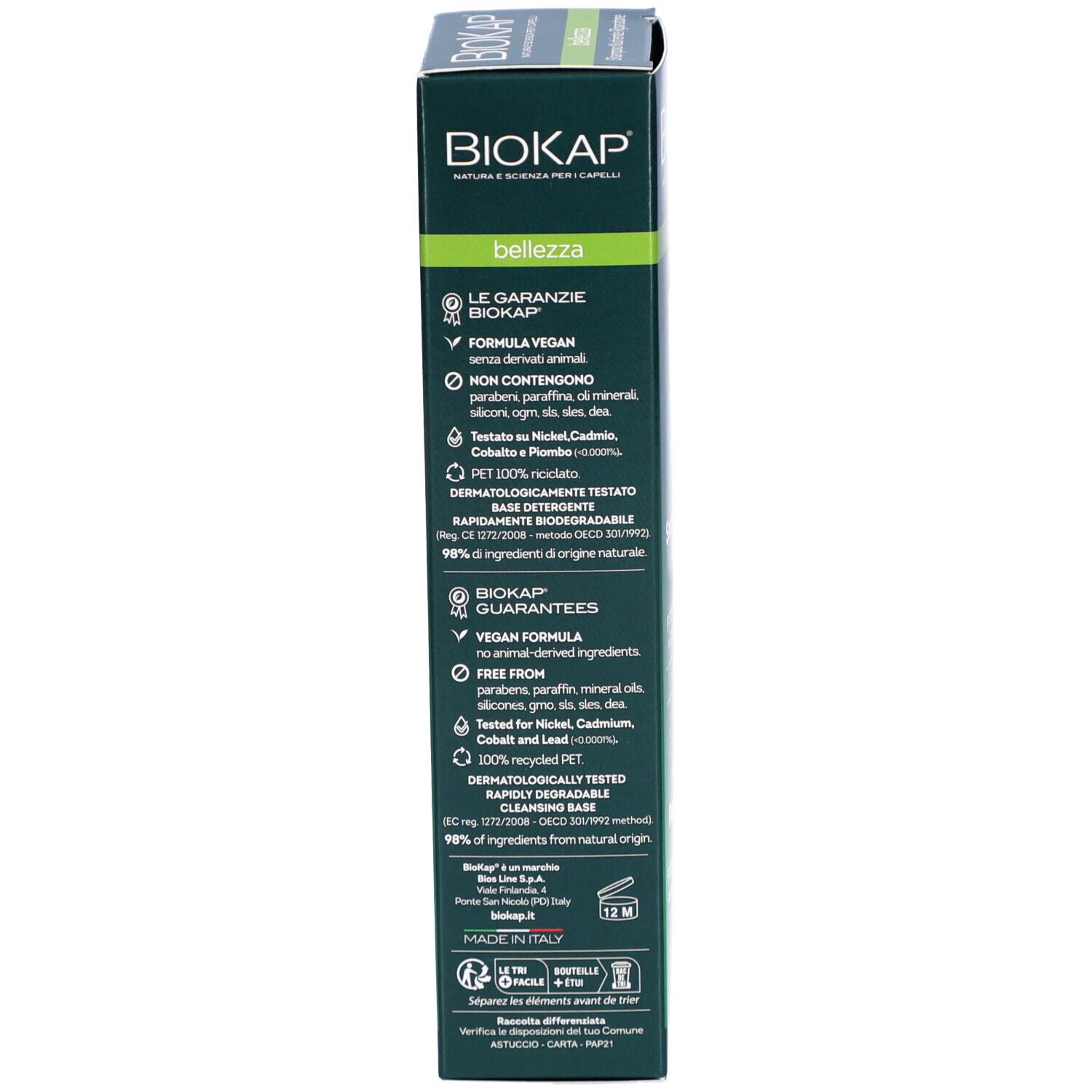 Achterkant van de groene doos. BIOKAP logo, productinformatie, ingrediënten, vegan formule, dermatologisch getest, 100% gerecycled PET.