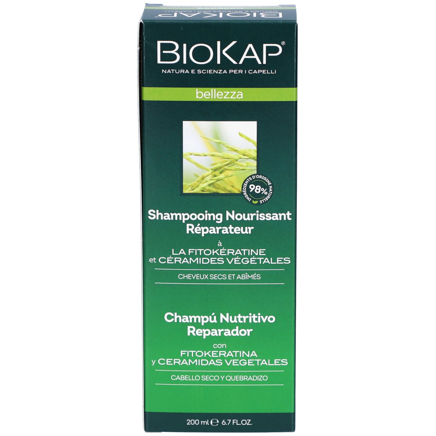Groene doos met BIOKAP logo. Shampooing Nourrissant Réparateur. Voor droog en beschadigd haar. 98% ingrediënten van natuurlijke oorsprong.