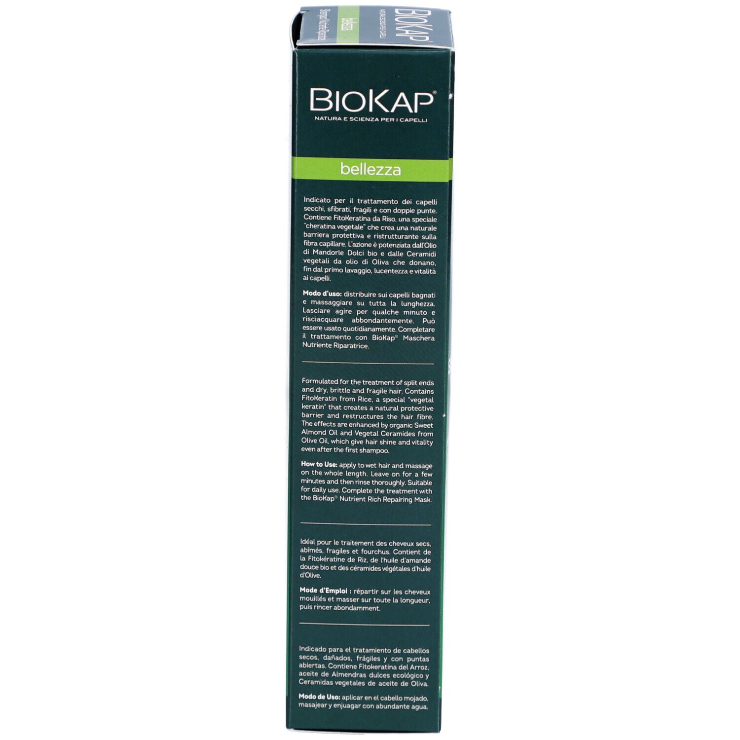 Achterkant van de groene doos. BIOKAP logo, productinformatie, gebruiksaanwijzing, ingrediënten, voor droog haar.