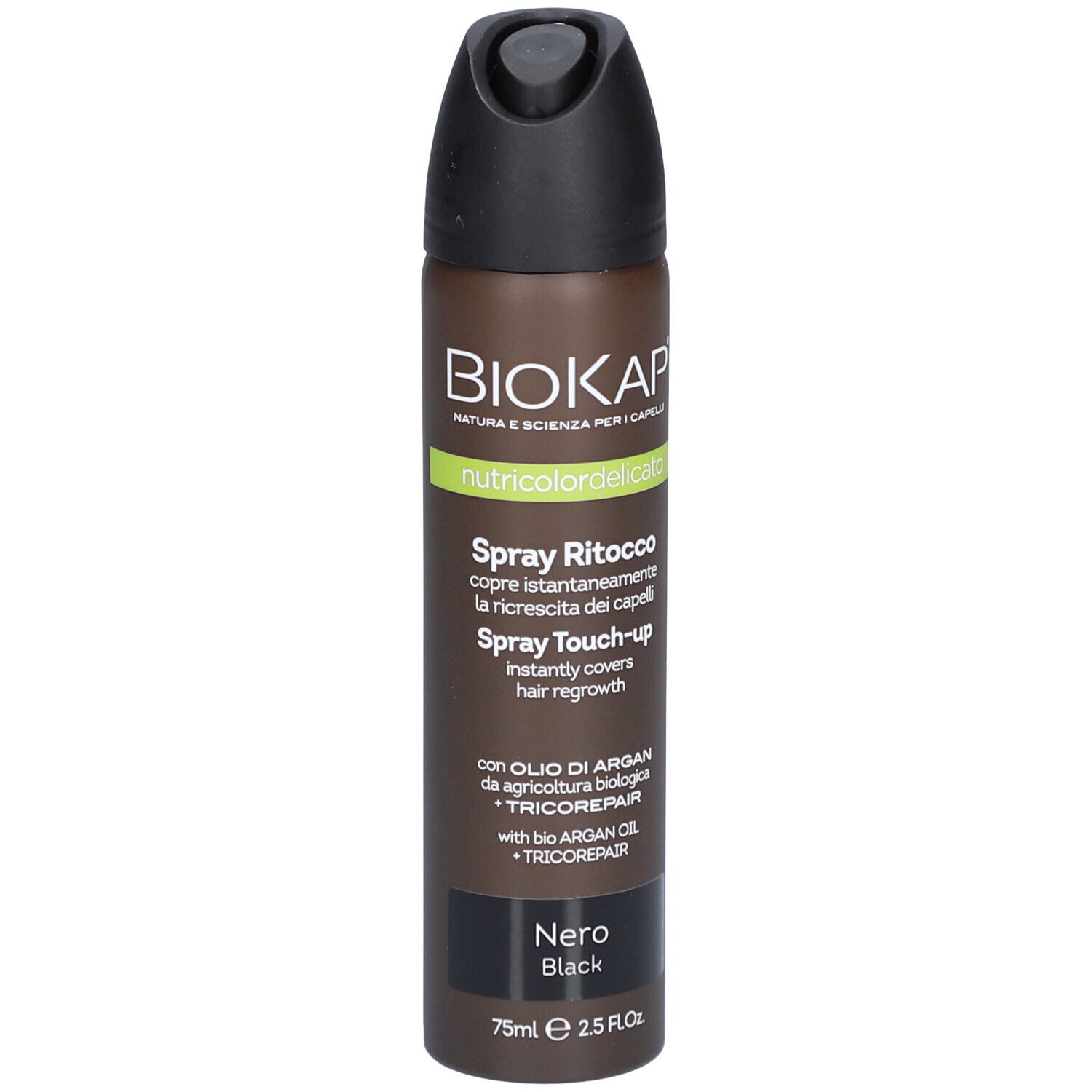 BIOKAP Nutricolor Delicato Spray Retouche Zwart. Spuitbus met zwarte dop. Tekst en logo.