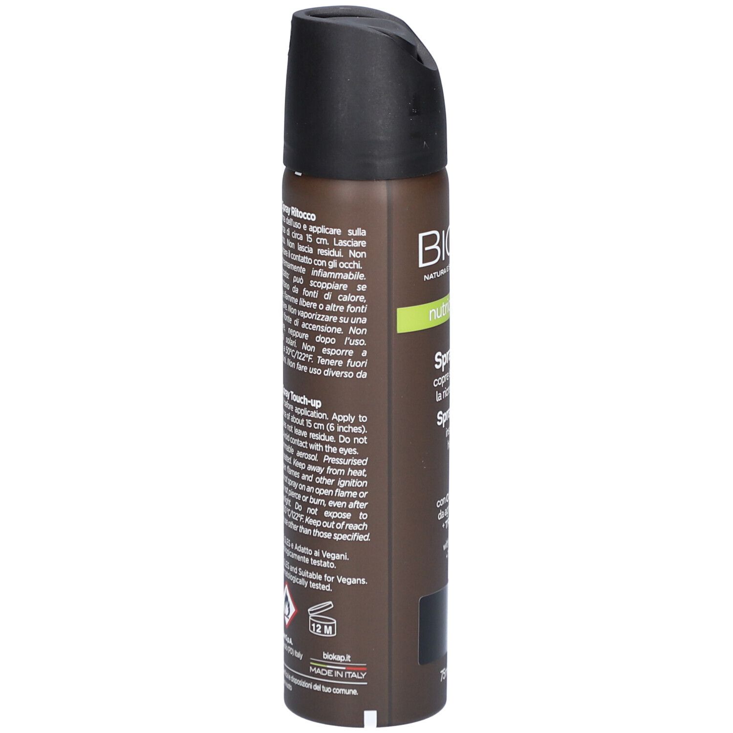 BIOKAP Nutricolor Delicato Spray Retouche Zwart. Spuitbus met zwarte dop. Tekst en logo.
