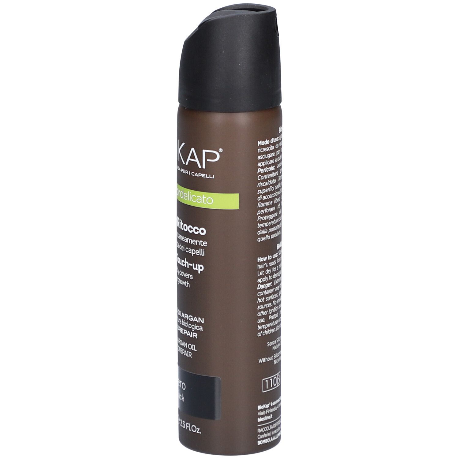 BIOKAP Nutricolor Delicato Spray Retouche Zwart. Spuitbus met zwarte dop. Tekst en logo.