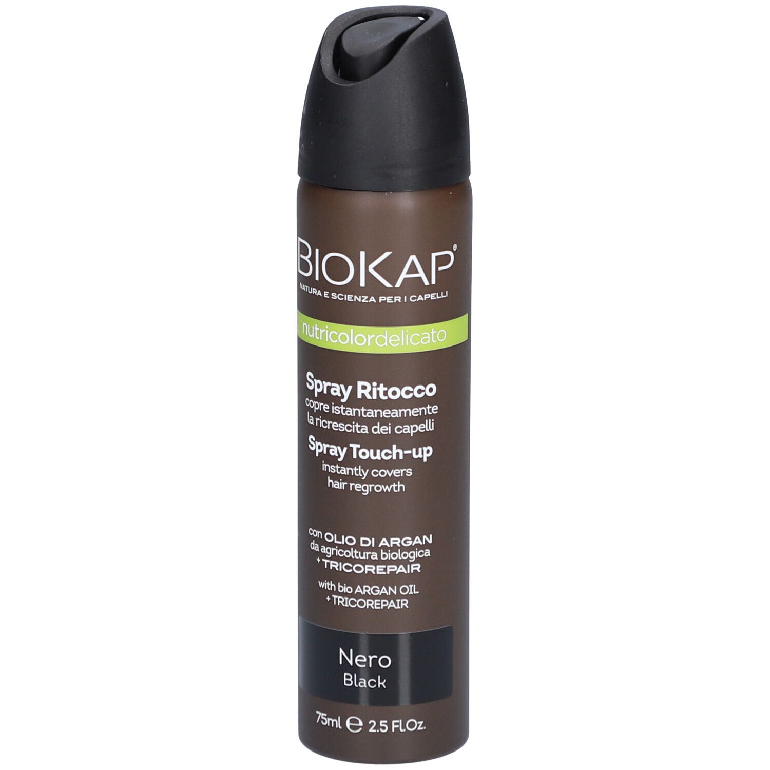 BIOKAP Nutricolor Delicato Spray Retouche Zwart. Spuitbus met zwarte dop. Tekst en logo.