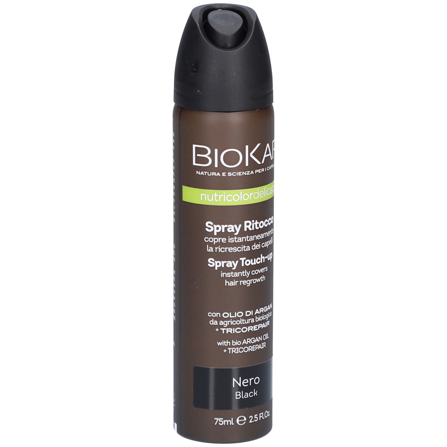 BIOKAP Nutricolor Delicato Spray Retouche Zwart. Spuitbus met zwarte dop. Tekst en logo.