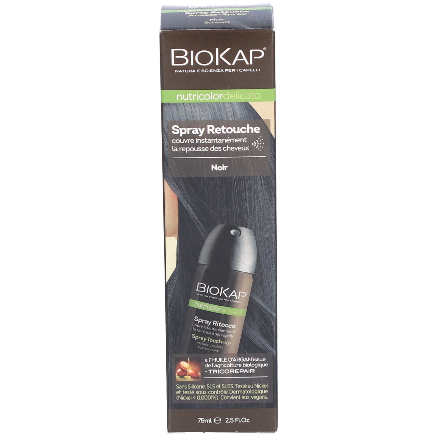 BIOKAP Nutricolor Delicato Spray Retouche Zwart. Verpakking. Tekst en logo. Productafbeelding.