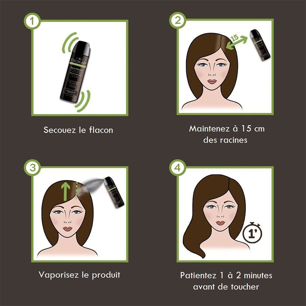 Instructies voor het gebruik van BIOKAP Spray Retouche. Stappen: schudden, 15 cm, spuiten, 1-2 minuten wachten.