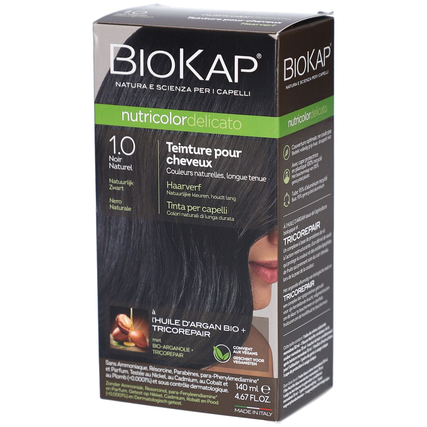 BIOKAP Nutricolor Delicato 1.0 Noir, haarverf. Zwarte kleur in doos. Bevat arganolie en Tricorepair.