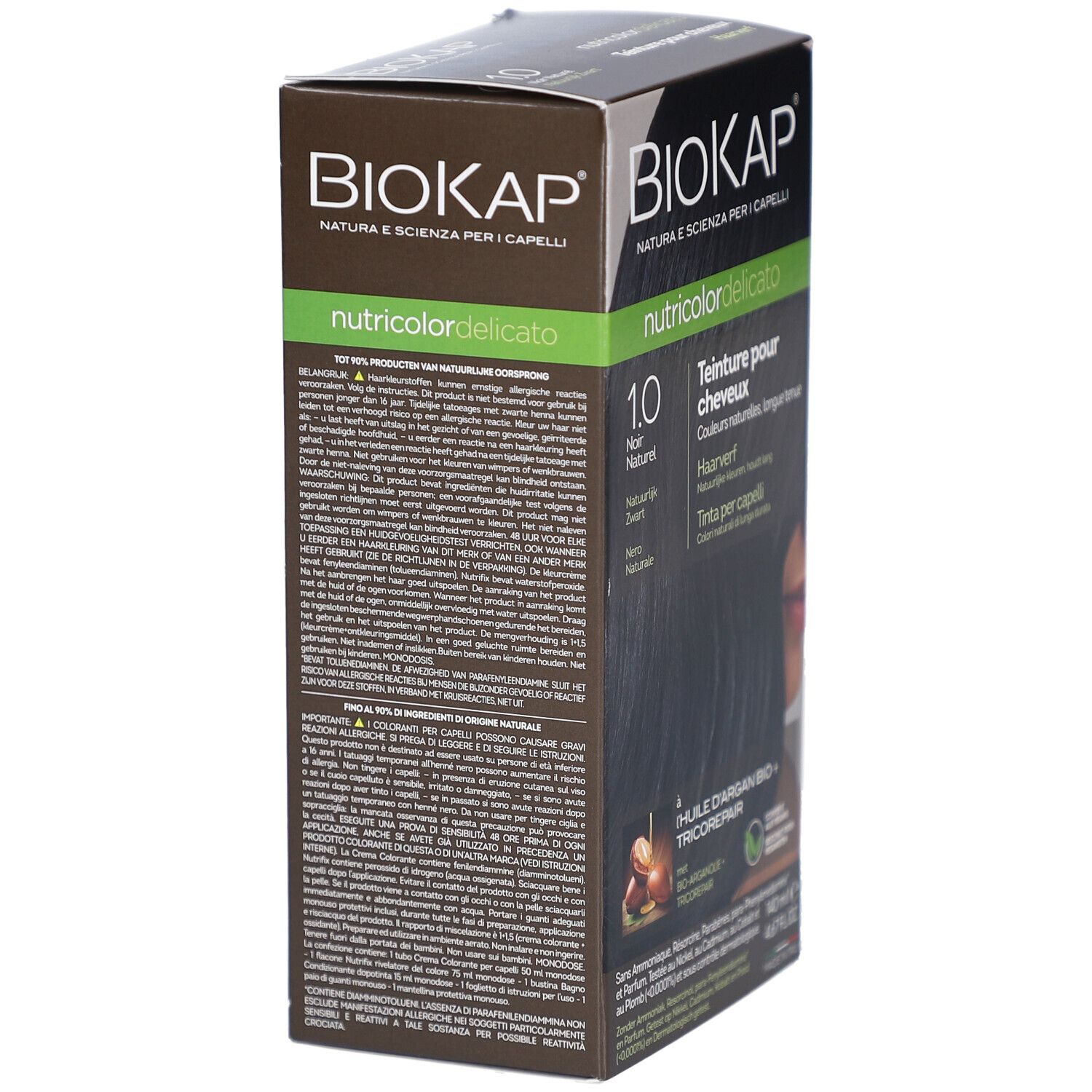 Achterkant van de BIOKAP Nutricolor Delicato 1.0 Noir verpakking. Meertalige tekst. Productinformatie.