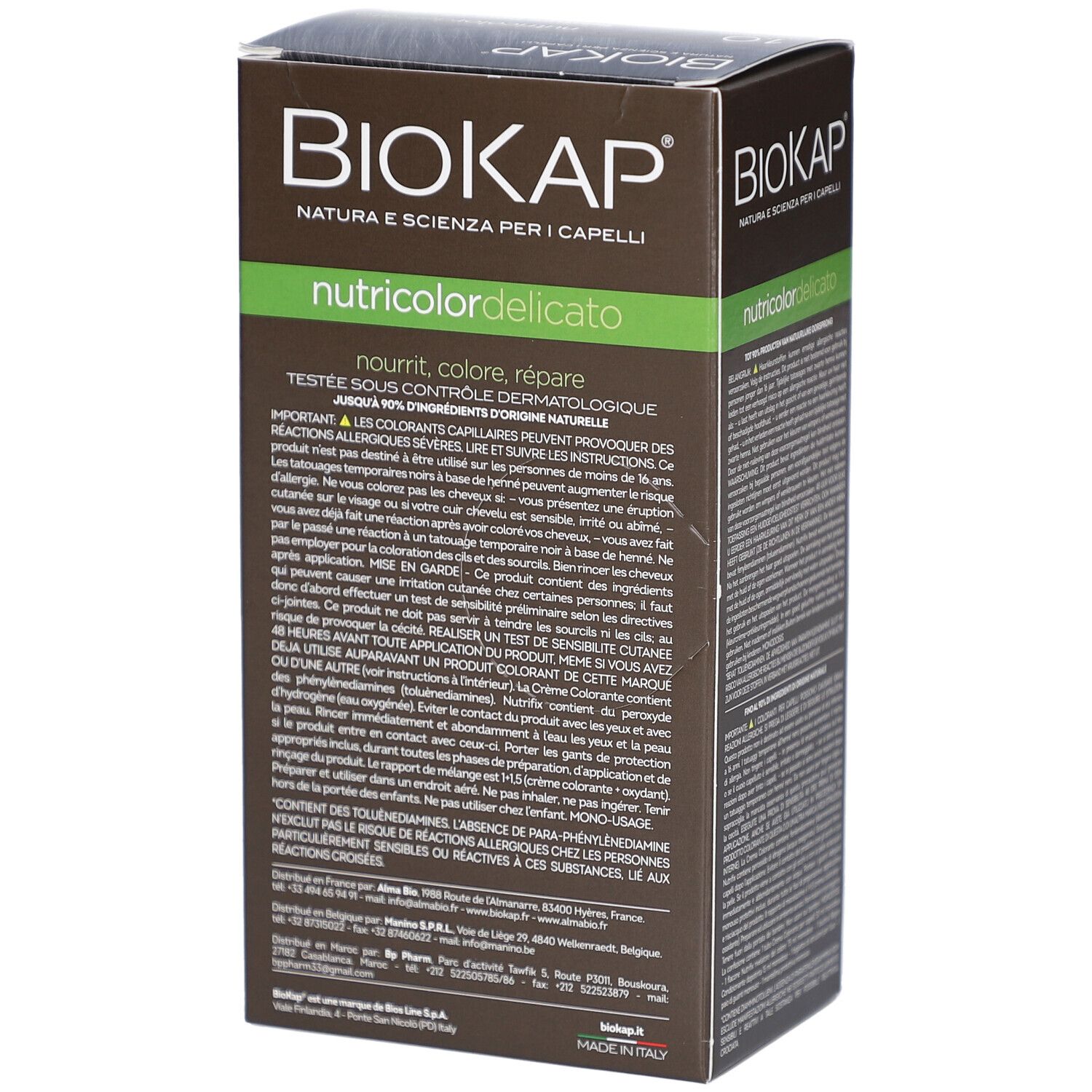 Achterkant van de BIOKAP Nutricolor Delicato 1.0 Noir verpakking. Waarschuwingen en gebruiksinformatie.