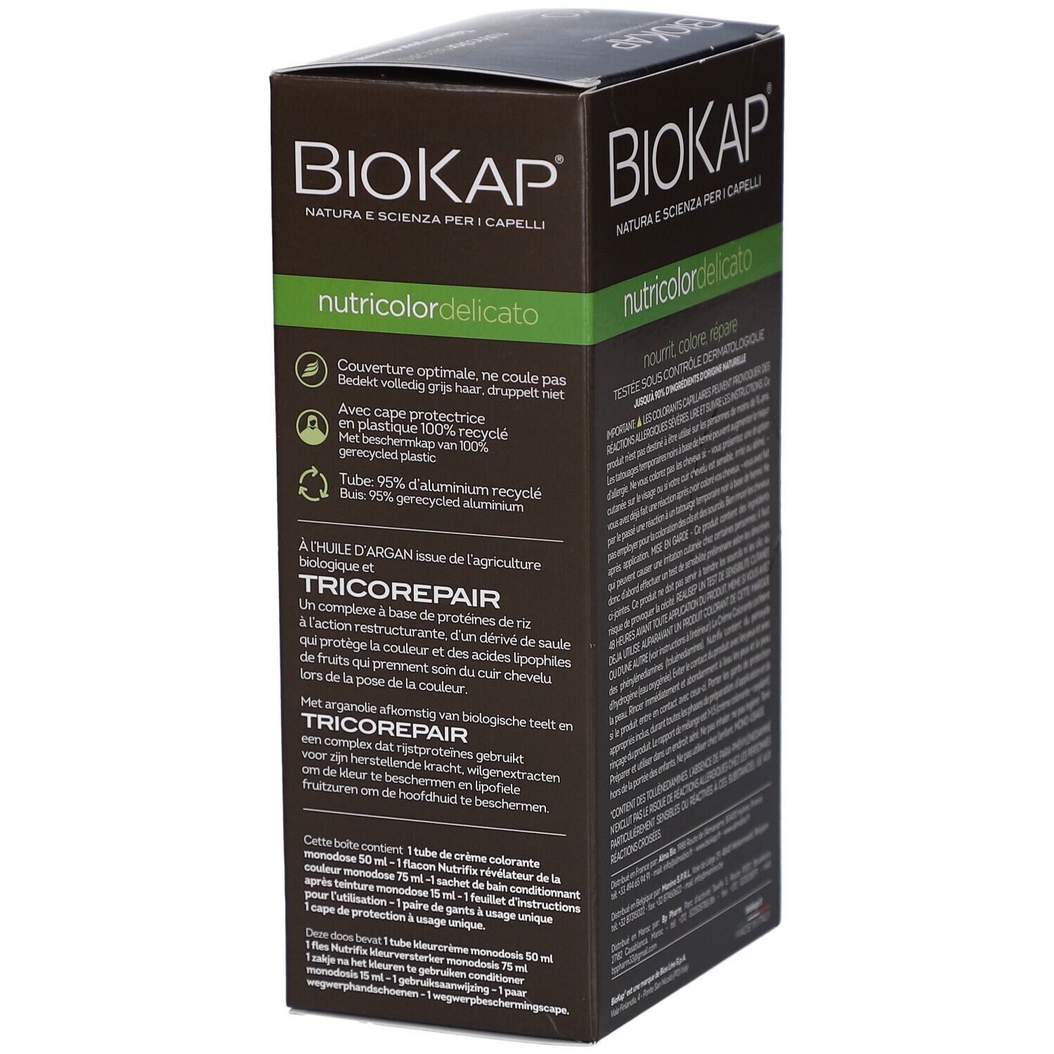 Achterkant van de BIOKAP Nutricolor Delicato 1.0 Noir verpakking. Informatie over ingrediënten en verpakking.