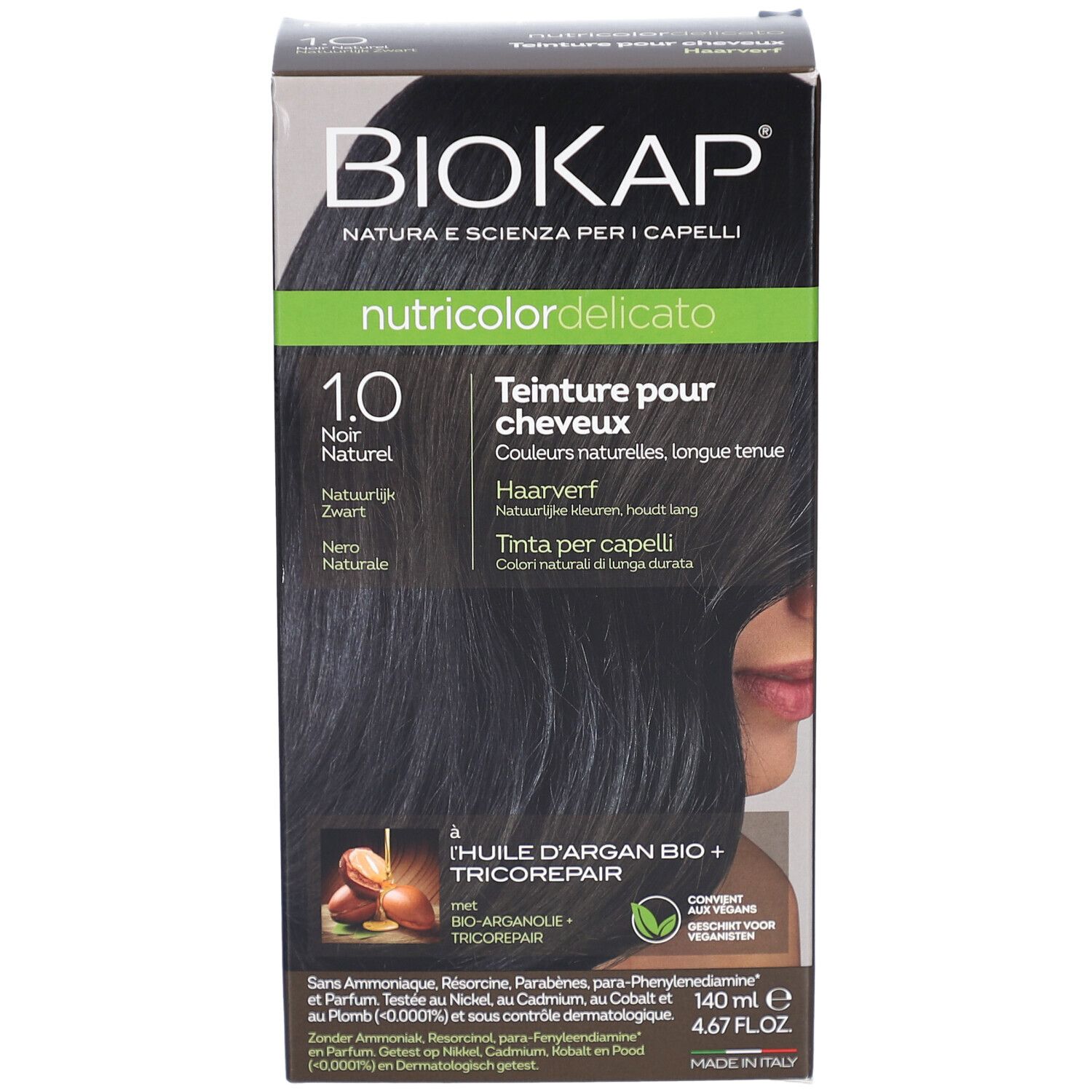BIOKAP Nutricolor Delicato 1.0 Noir, haarverf. Zwarte kleur in doos. Bevat arganolie en Tricorepair.