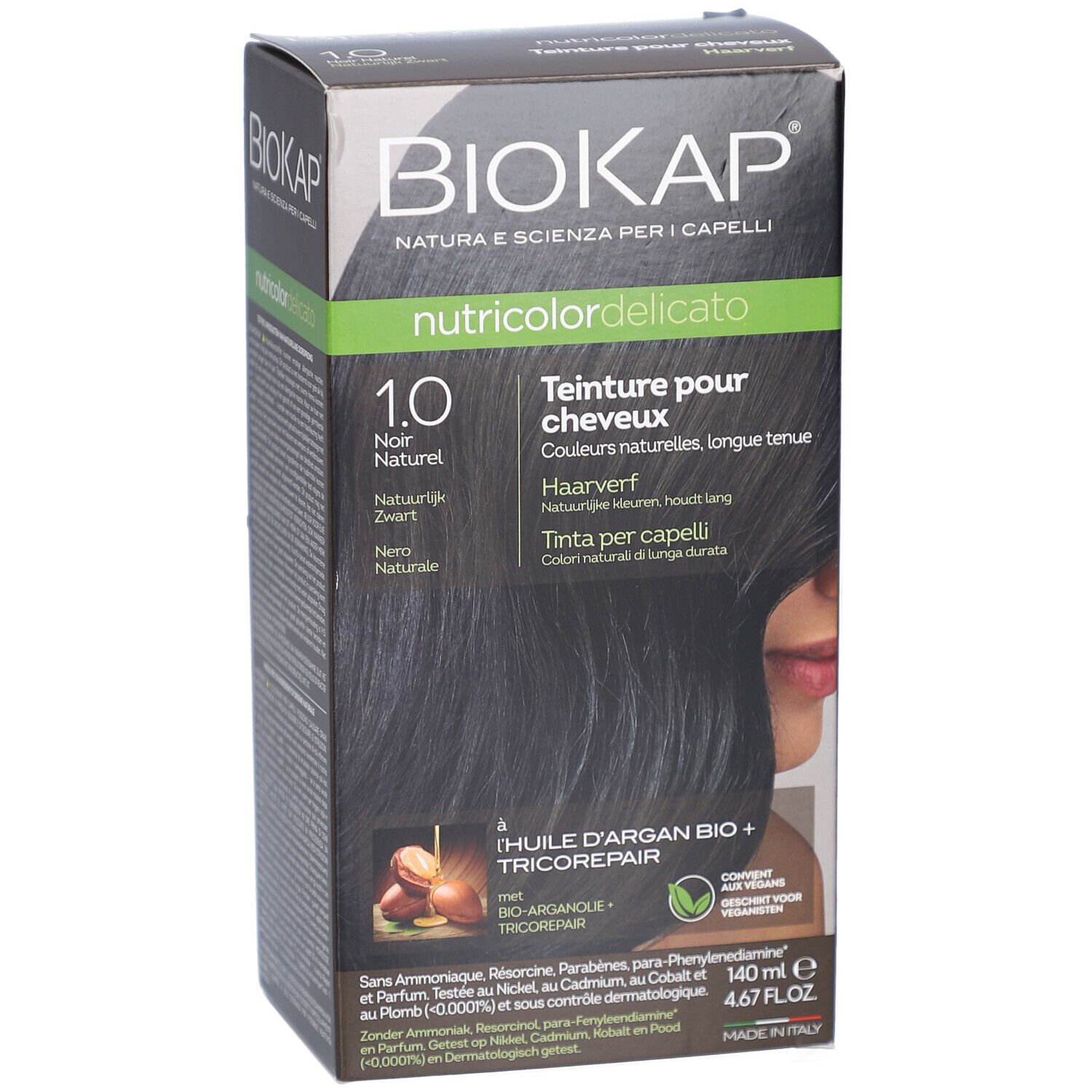 BIOKAP Nutricolor Delicato 1.0 Noir, haarverf. Zwarte kleur in doos. Bevat arganolie en Tricorepair.