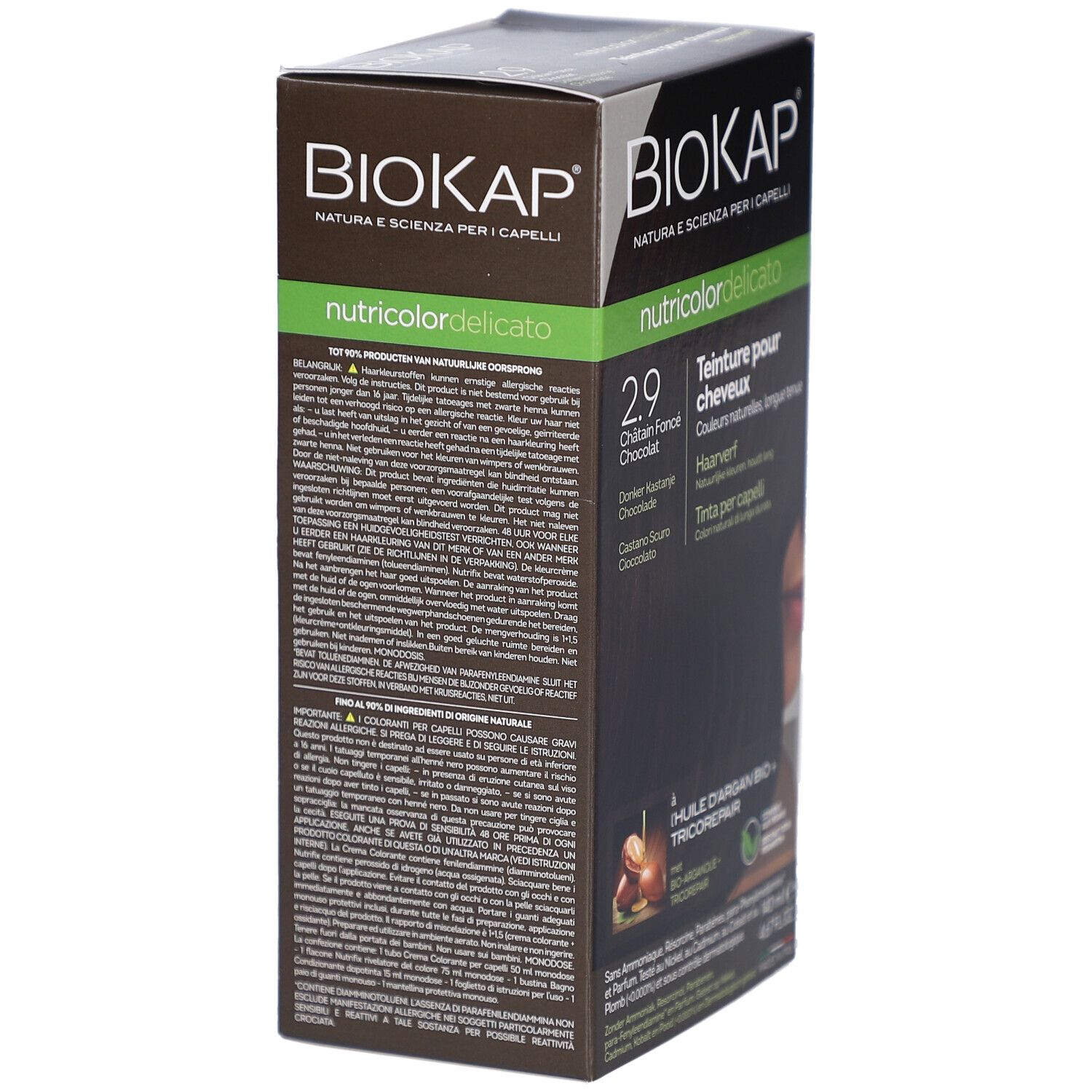 Dos de la boîte de teinture capillaire BIOKAP. Texte en plusieurs langues. Contient des informations sur le produit et ses ingrédients.