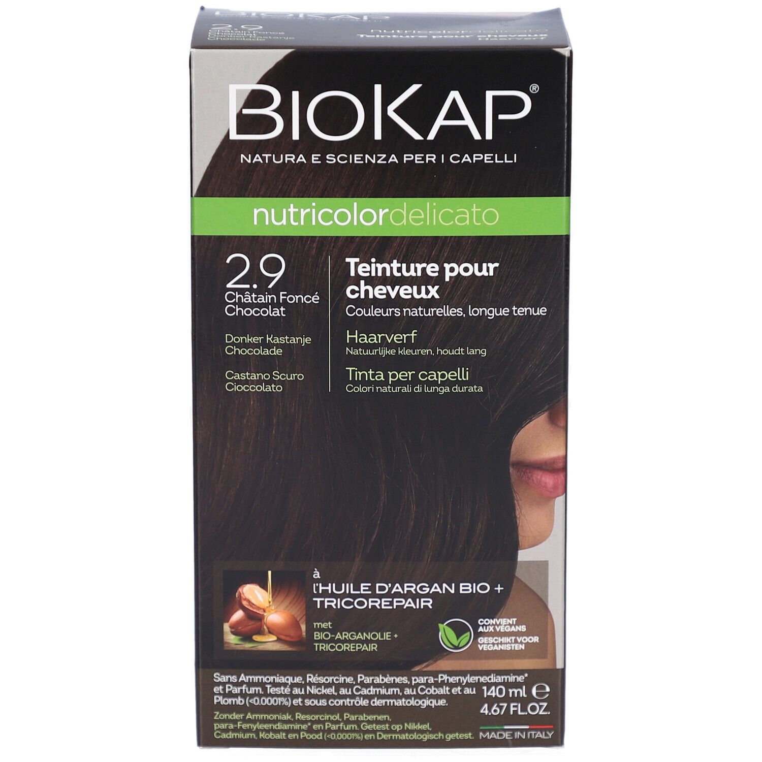 Boîte de teinture capillaire BIOKAP. Inscription: nutricolor delicato, 2.9, Châtain Foncè Chocolat. Contient de l'huile d'argan et Tricorepair.