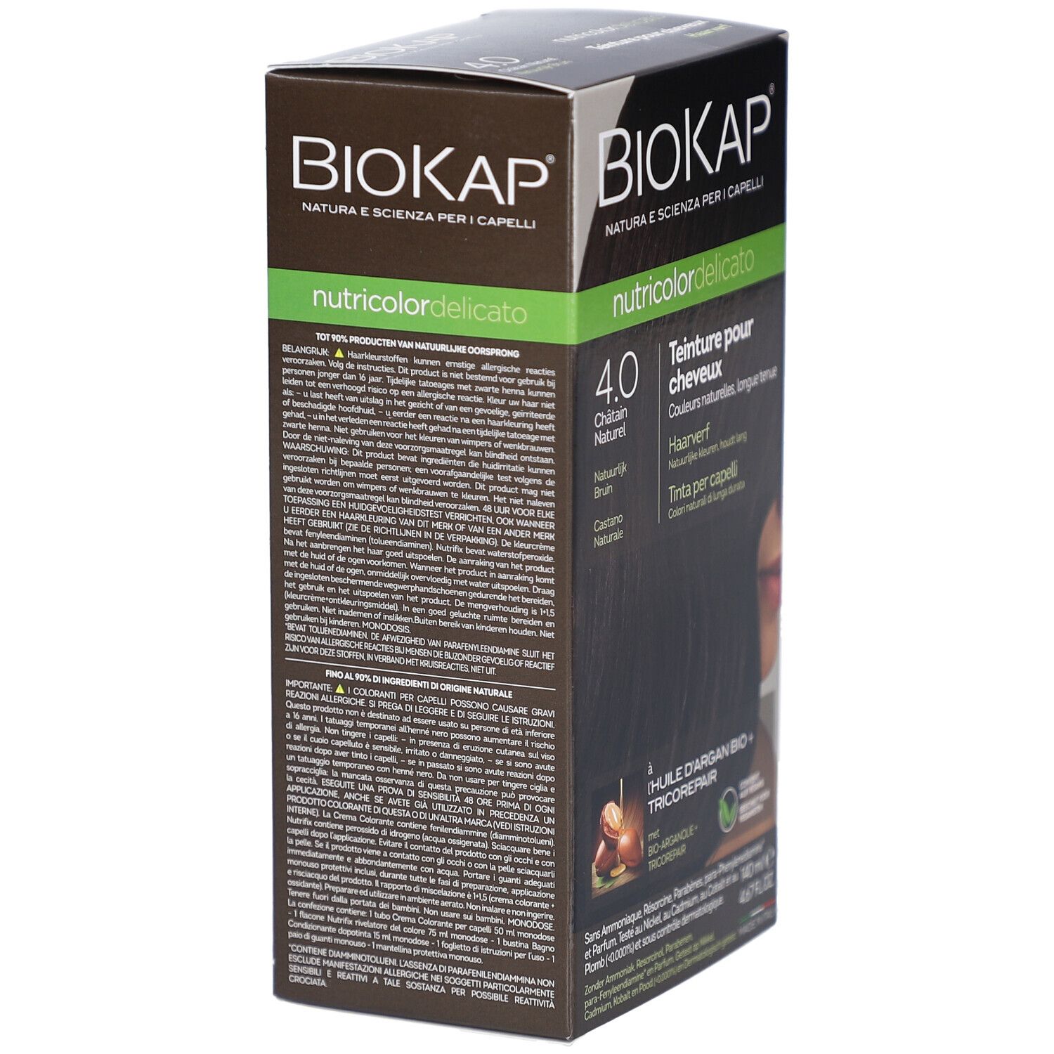 Boîte Biokap Nutricolordelicato. Texte sur le côté. Informations produit et ingrédients.