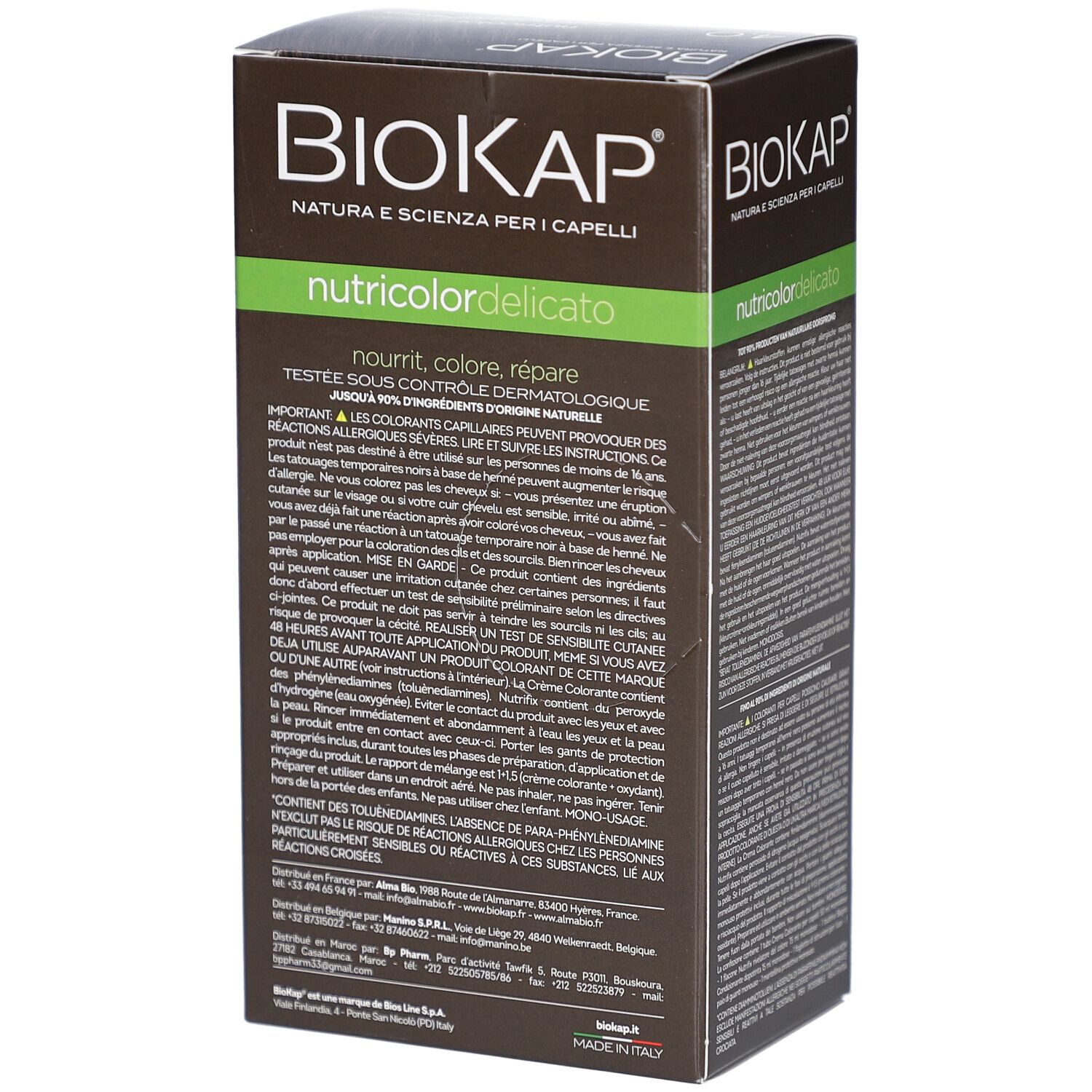 Boîte Biokap Nutricolordelicato. Texte sur le côté. Informations produit et avertissements.