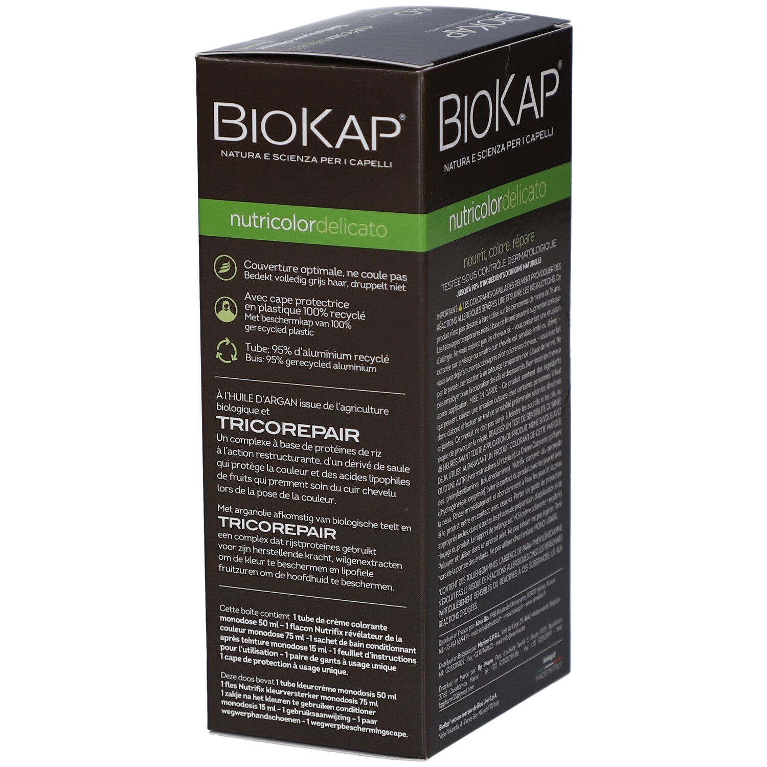Boîte Biokap Nutricolordelicato. Texte sur le côté. Informations sur les ingrédients et le recyclage.