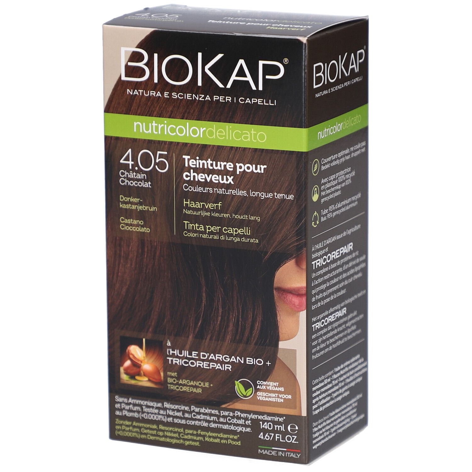 Boîte de teinture pour cheveux BIOKAP 4.05 Châtain Chocolat. Contient huile d'argan et Tricorepair. Inscription 'nutricolordelicato'.