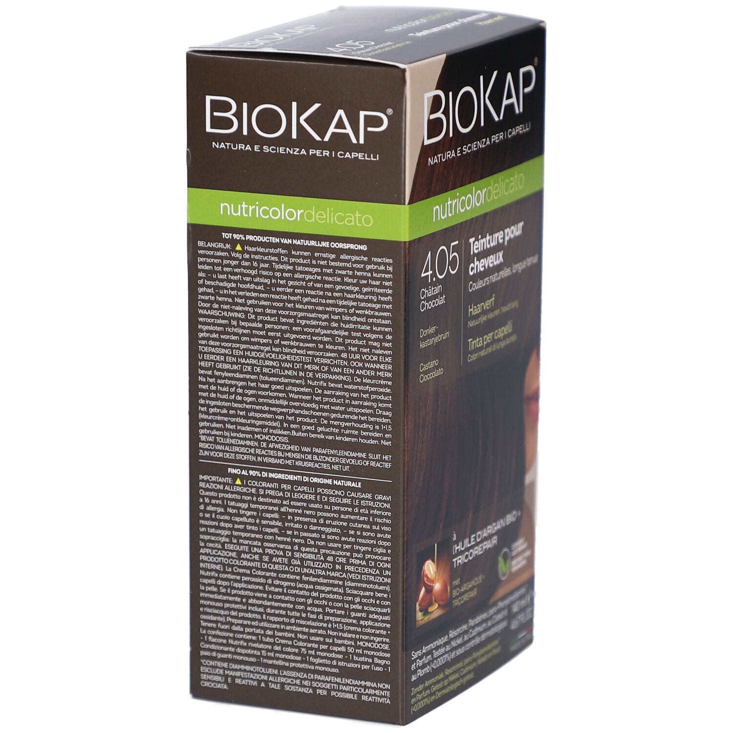 Dos de la boîte de teinture BIOKAP. Texte multilingue. Informations sur le produit et les ingrédients. Inscription 'nutricolordelicato'.