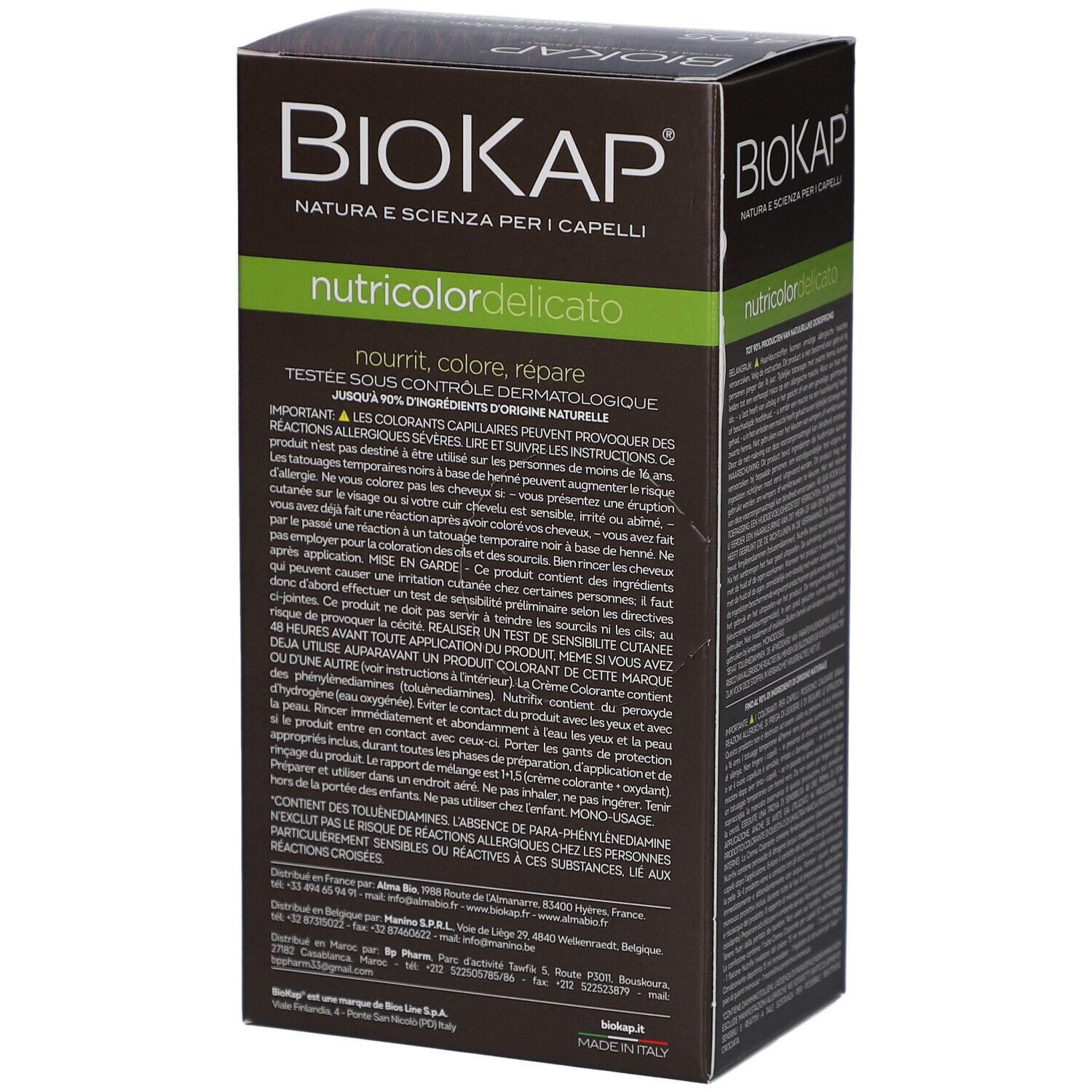 Côté de la boîte de teinture BIOKAP. Texte multilingue. Informations sur les ingrédients et l'utilisation. Inscription 'nutricolordelicato'.