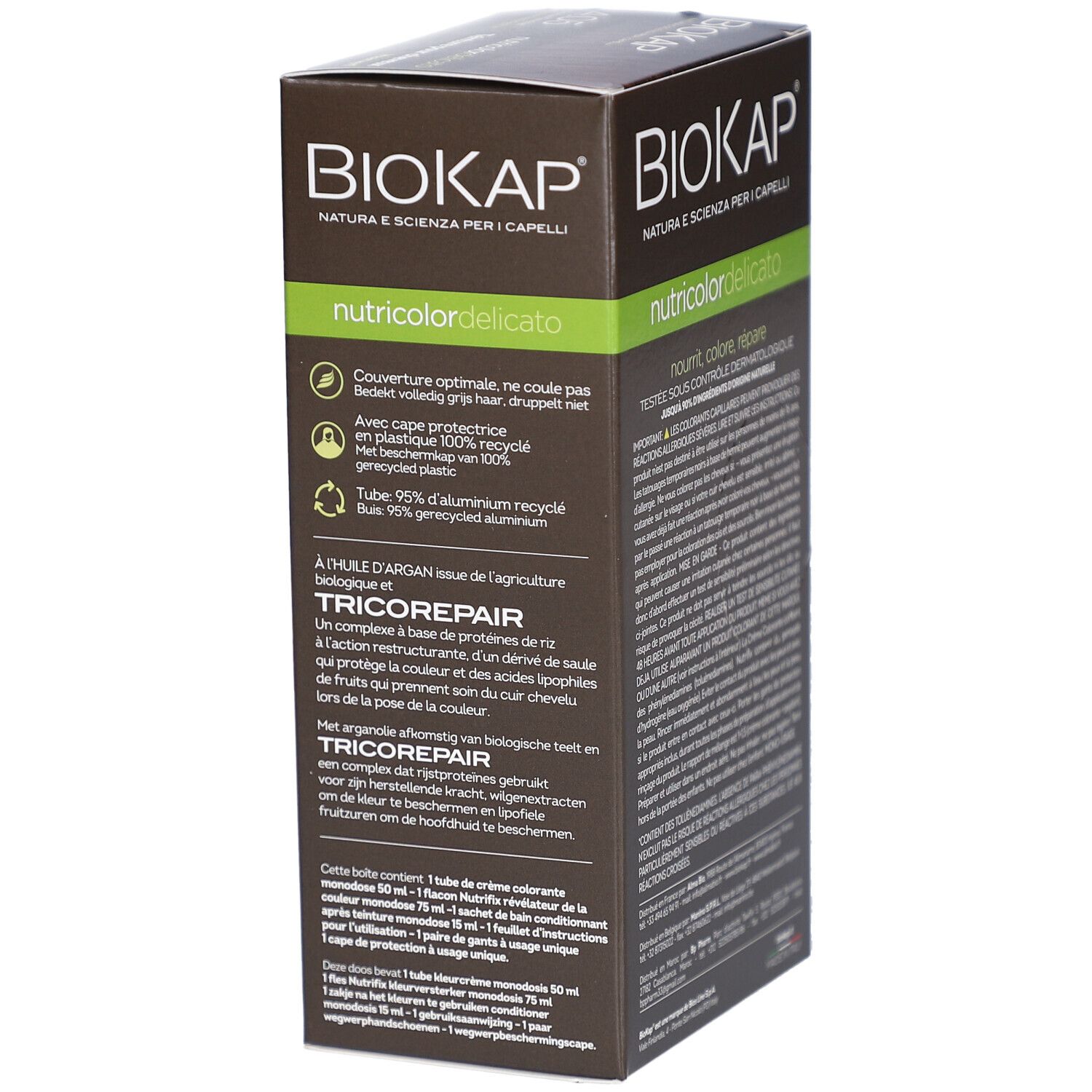 Côté de la boîte de teinture BIOKAP. Texte multilingue. Informations sur les ingrédients et le recyclage. Inscription 'nutricolordelicato'.