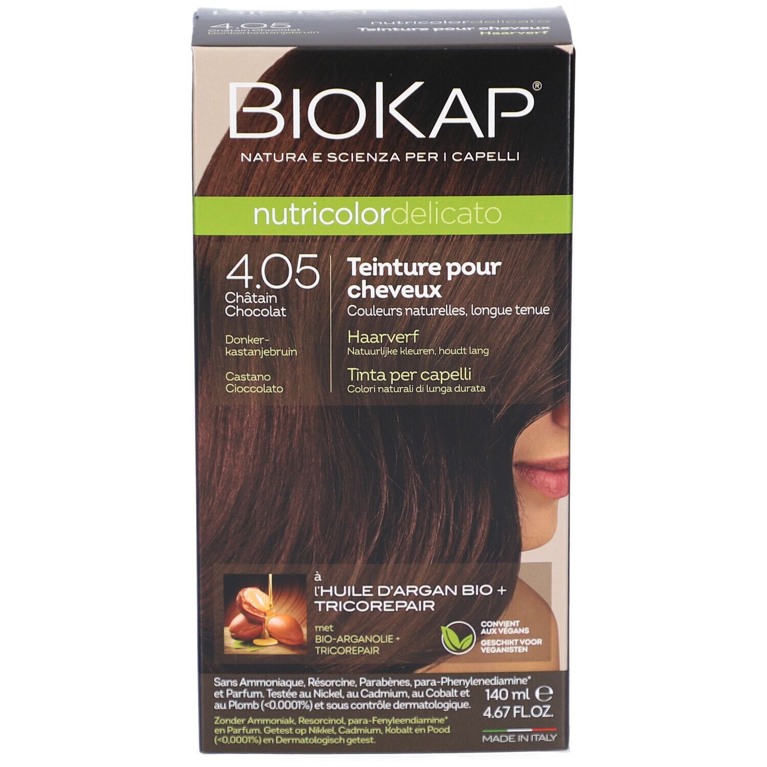 Boîte de teinture BIOKAP 4.05 Châtain Chocolat. Vue de face avec image et texte. Contient huile d'argan et Tricorepair.