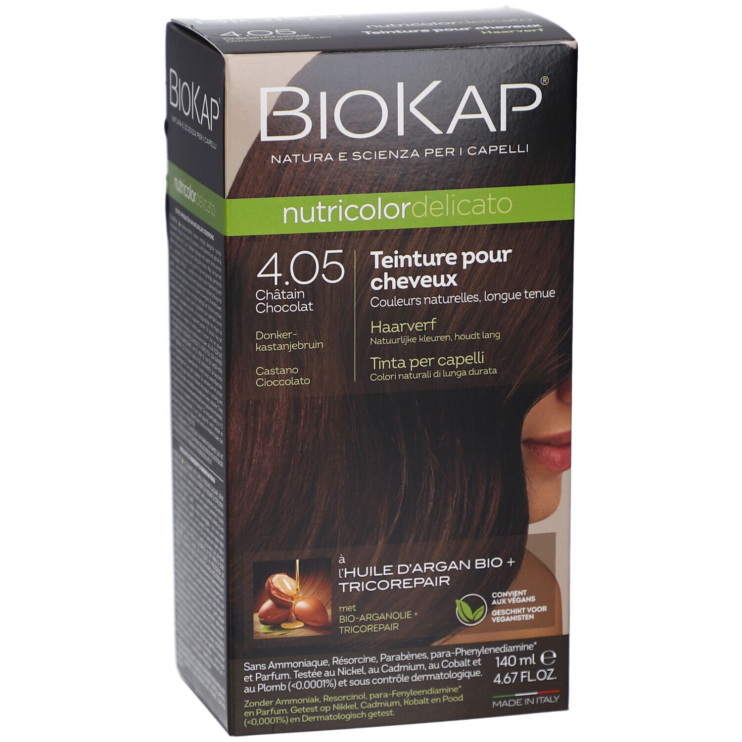 Boîte de teinture BIOKAP 4.05 Châtain Chocolat. Vue de face avec image et texte. Contient huile d'argan et Tricorepair.