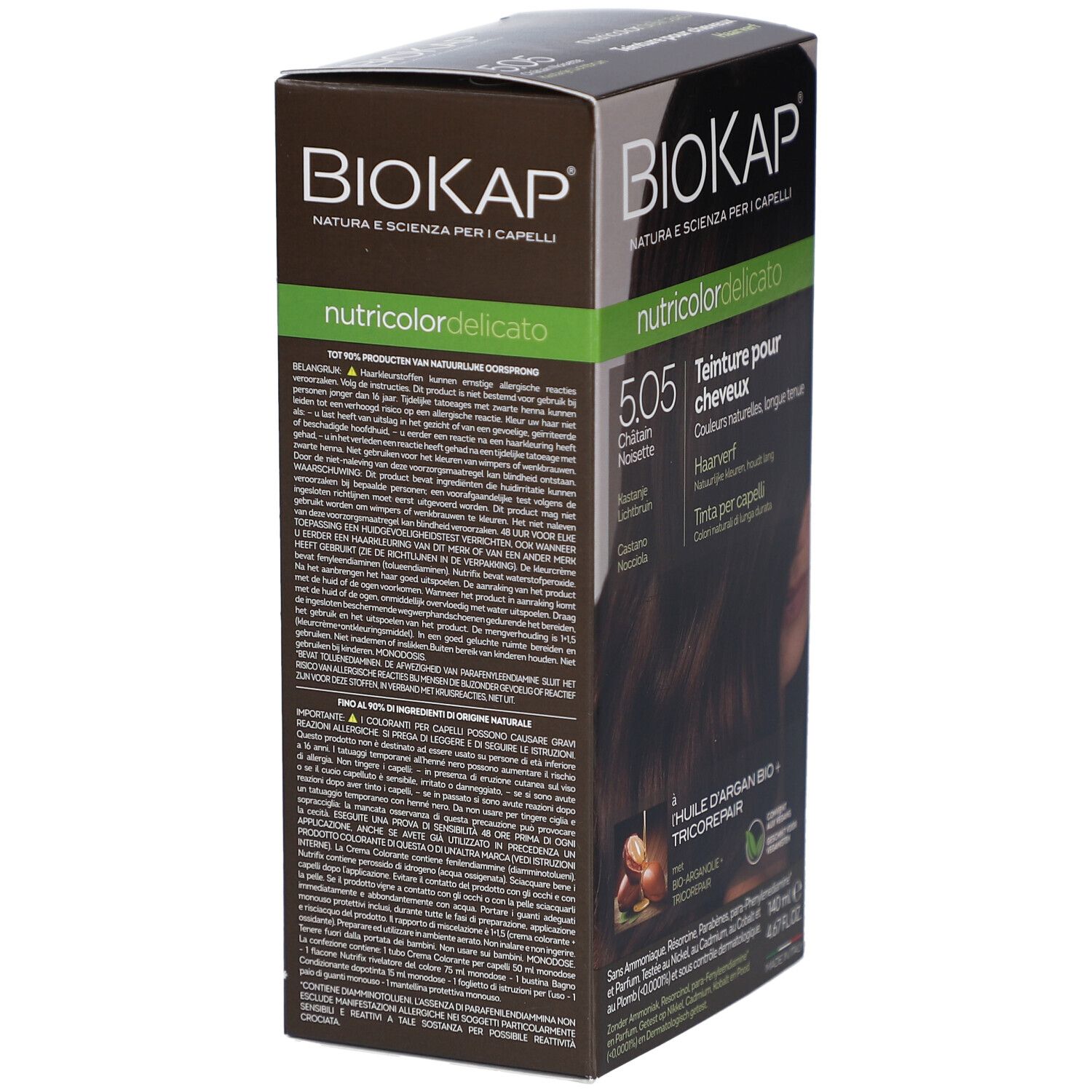 Boîte de teinture capillaire Biokap nutricolordelicato. Texte et ingrédients au dos de l'emballage.