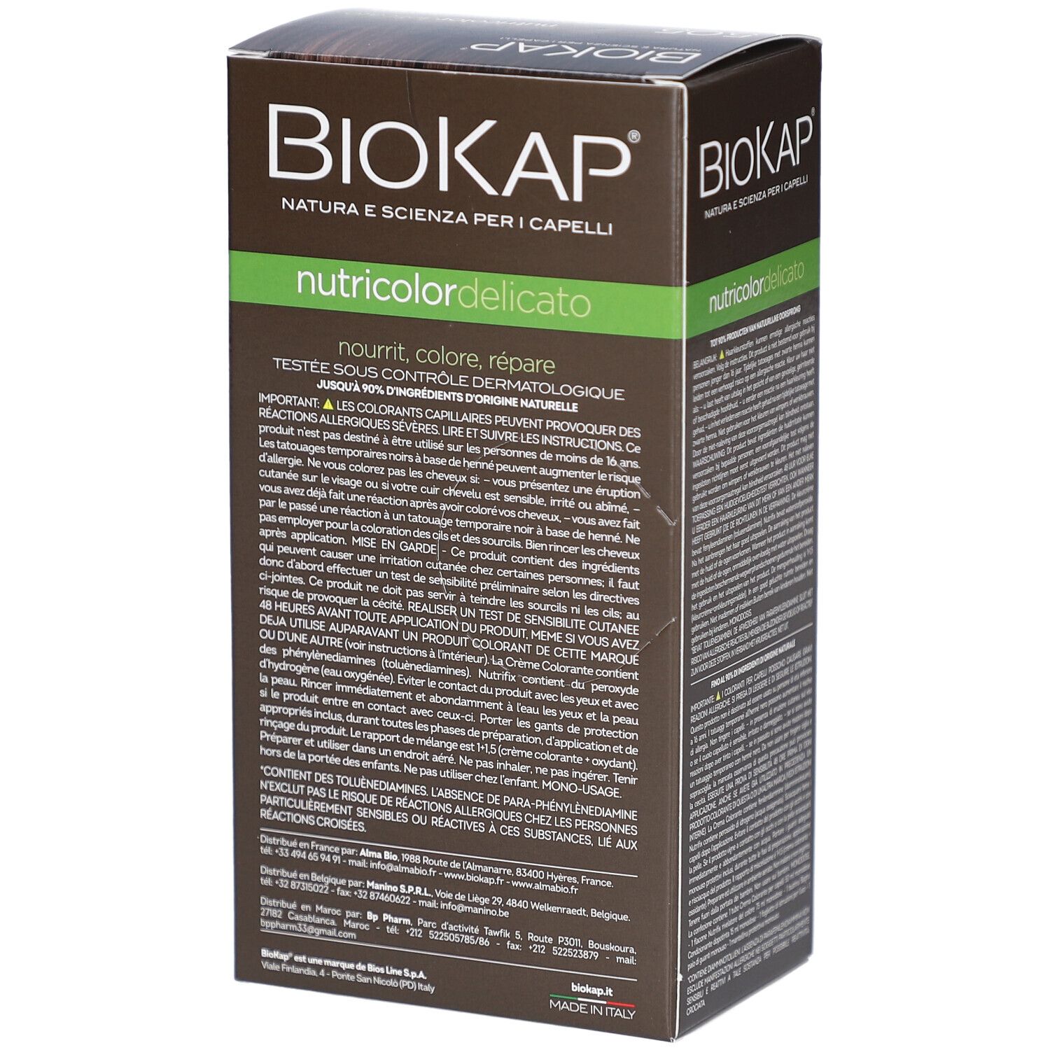 Dos de la boîte de teinture capillaire Biokap nutricolordelicato. Texte sur les ingrédients et l'utilisation.