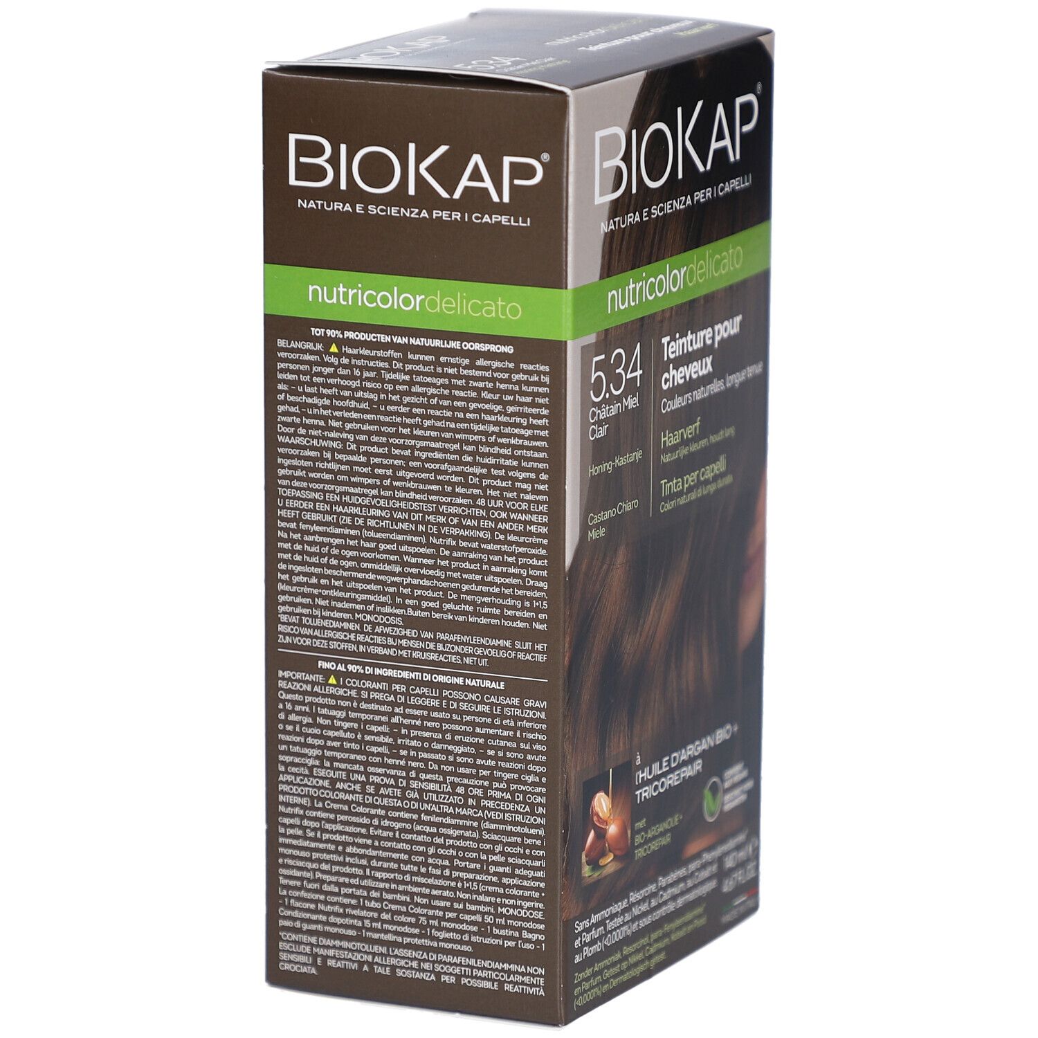Boîte de teinture Biokap 5.34. Arrière avec texte. Contient huile d'argan et Tricorepair.