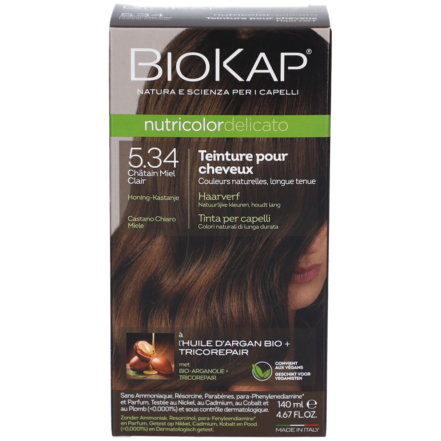 Boîte de teinture capillaire Biokap 5.34 Châtain Miel Clair. Contient huile d'argan et Tricorepair. Vue de face.