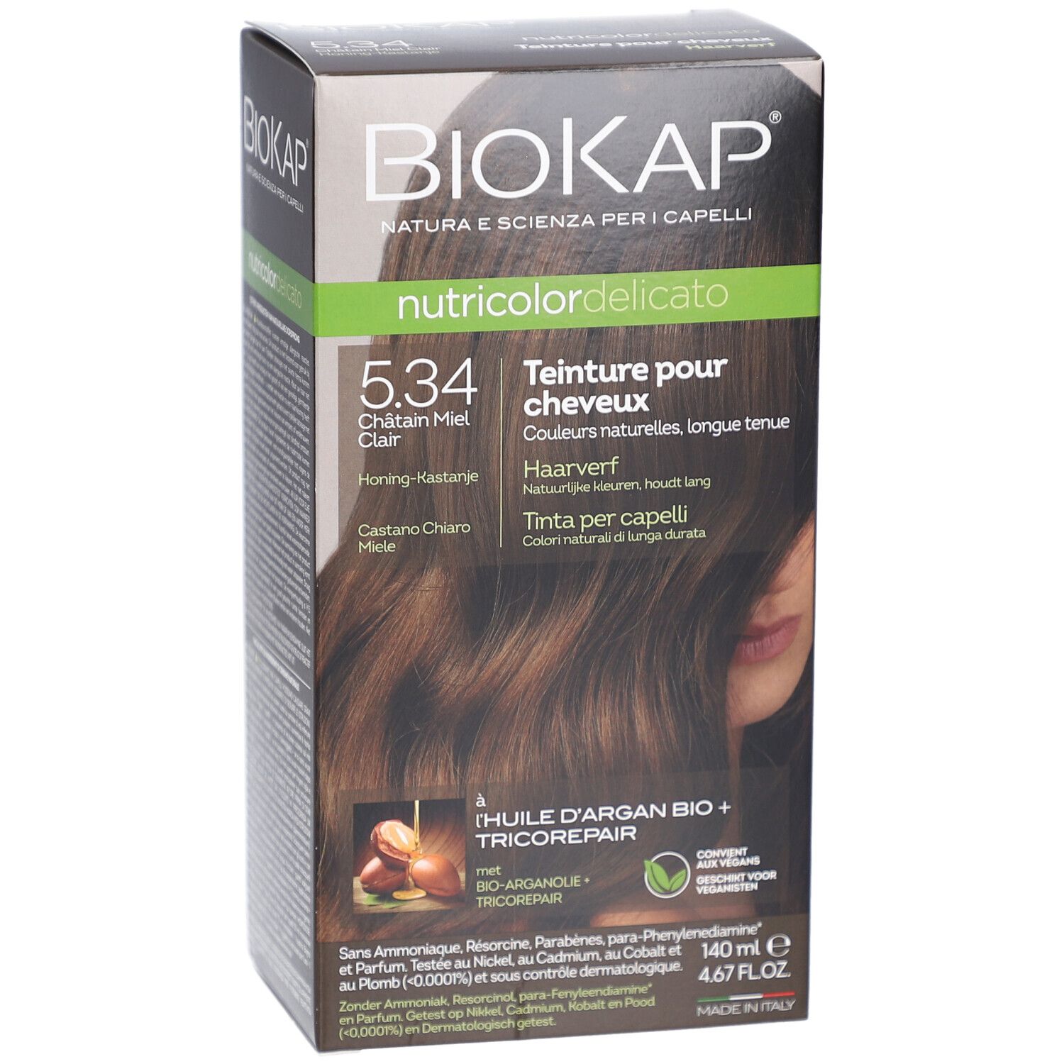 Boîte de teinture capillaire Biokap 5.34 Châtain Miel Clair. Contient huile d'argan et Tricorepair. Vue oblique.