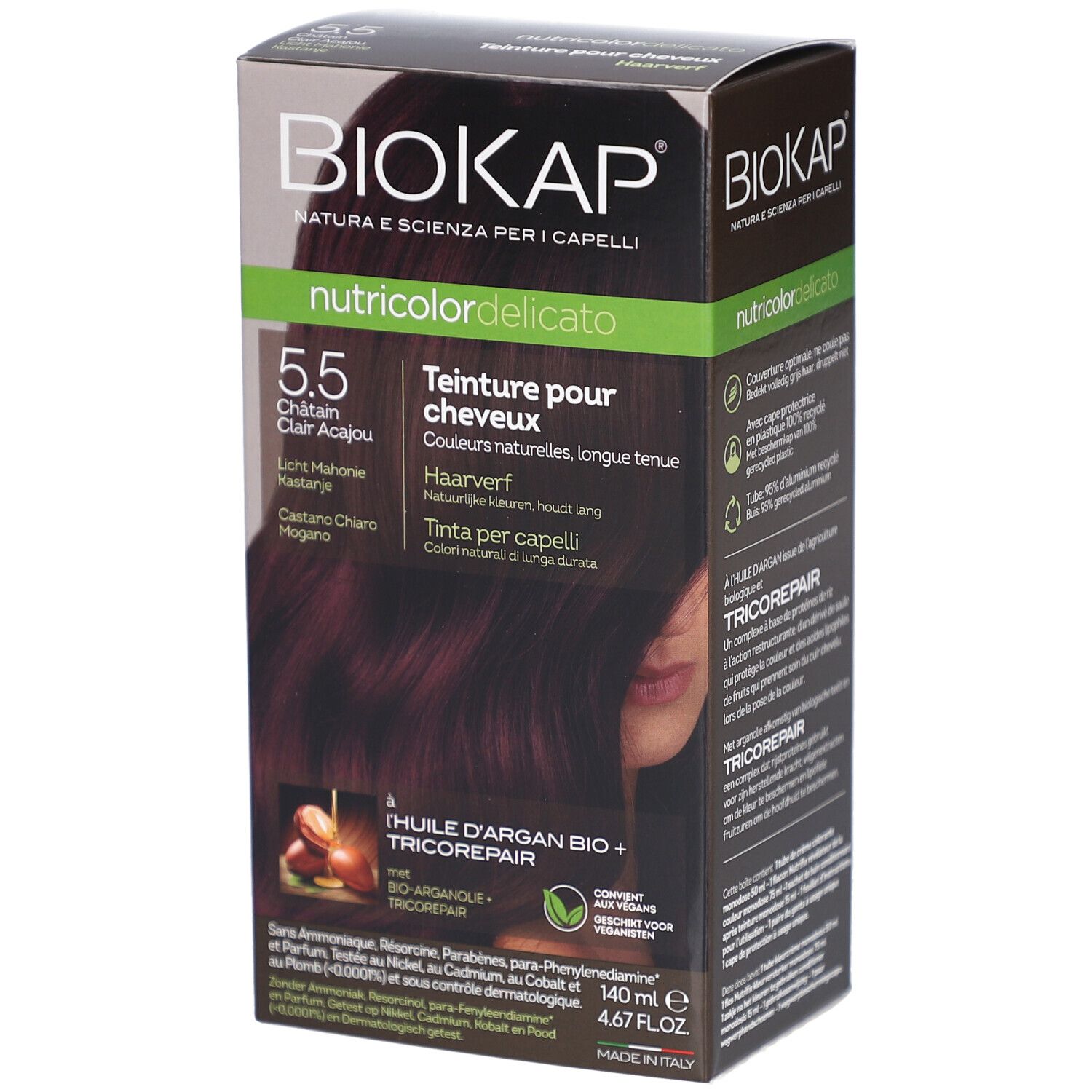 Boîte de teinture pour cheveux Biokap 5.5 Châtain Clair Acajou. Contient huile d'argan et Tricorepair. Emballage.