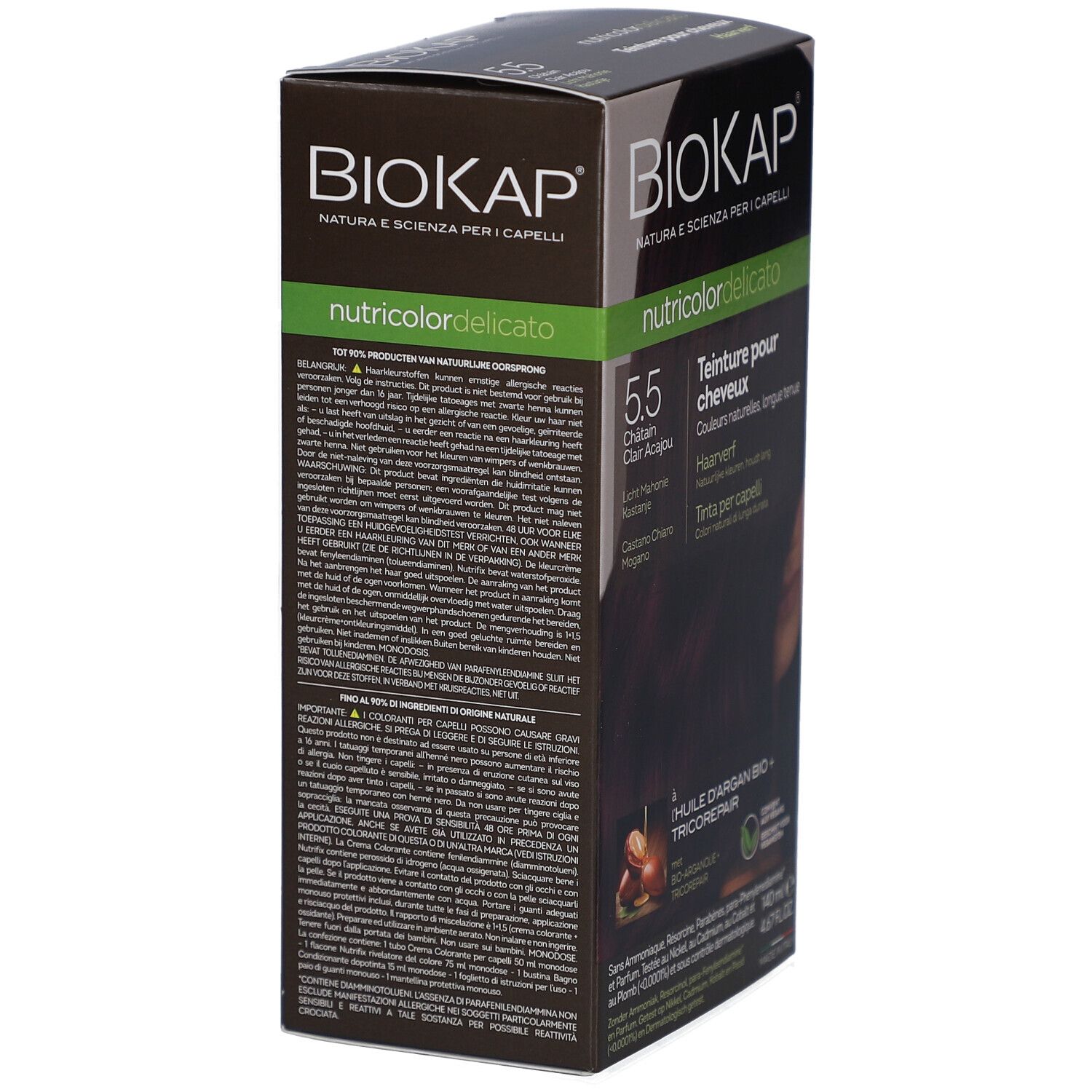 Boîte de teinture Biokap. Texte sur le côté. Informations sur les ingrédients et l'utilisation.