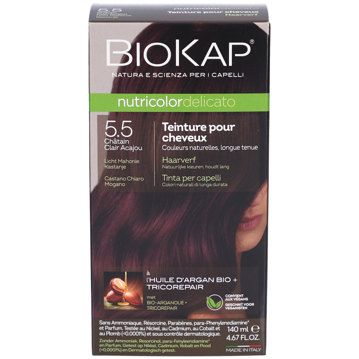 Boîte de teinture pour cheveux Biokap 5.5 Châtain Clair Acajou. Contient huile d'argan et Tricorepair. Emballage.