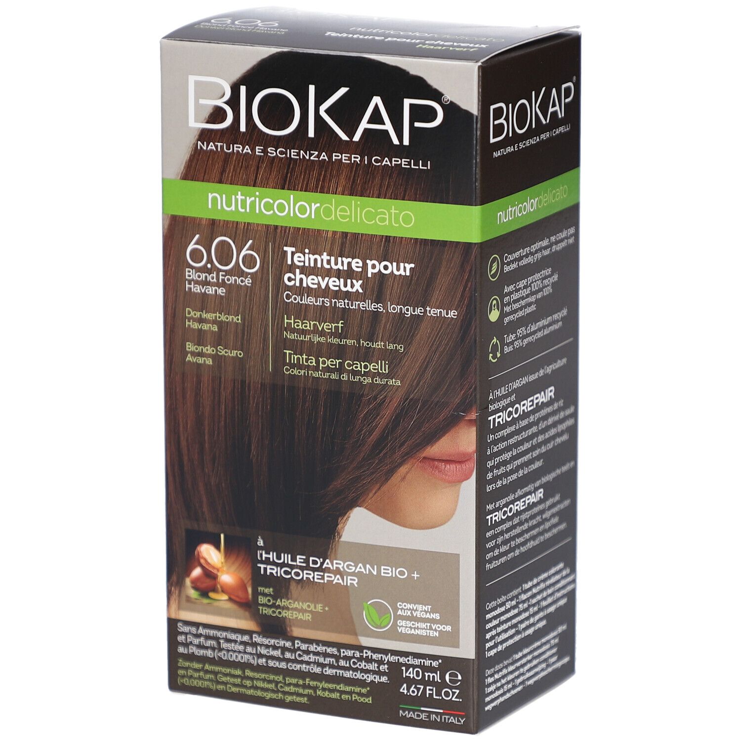 Boîte BIOKAP, nom du produit et teinte. Inscriptions: 6.06, Blond Fonce Havane. Contient de l'huile d'argan et Tricorepair.