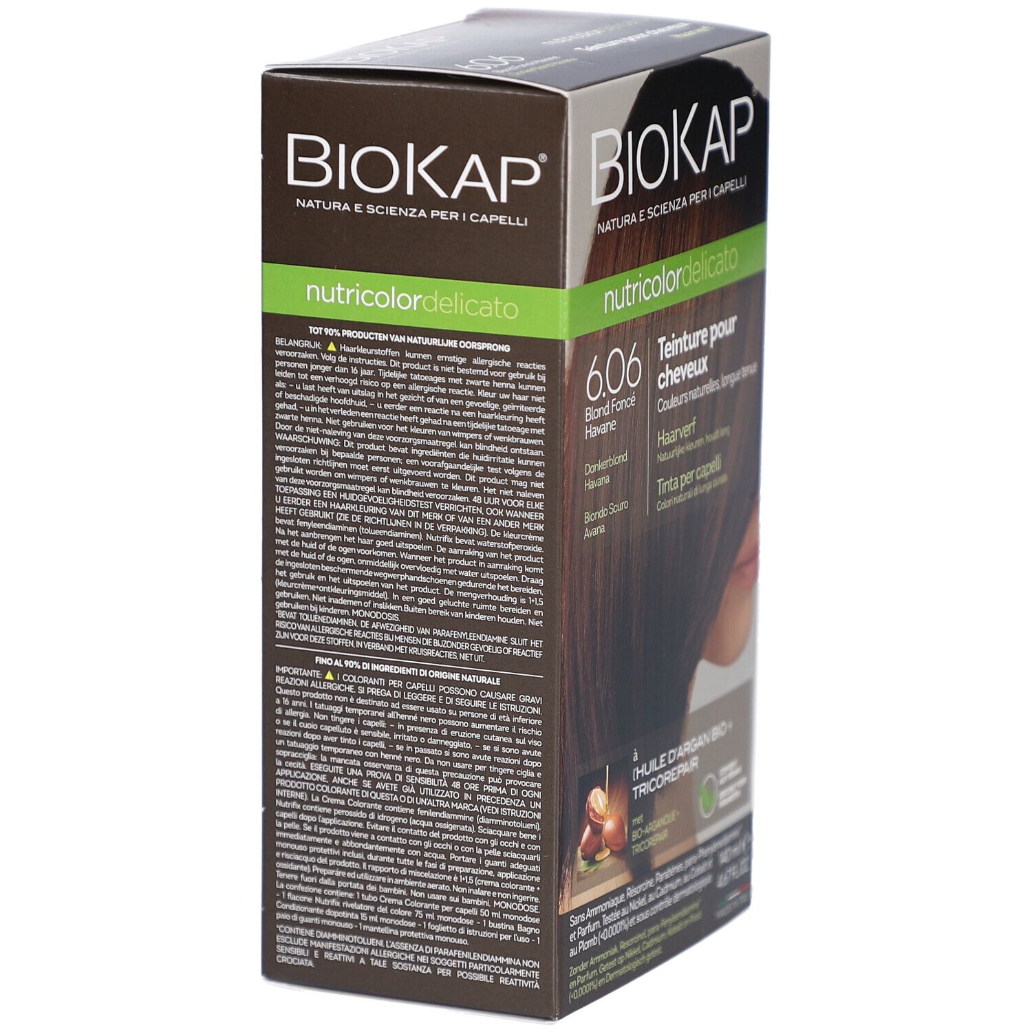 Dos de la boîte BIOKAP. Texte multilingue. Contient des informations sur le produit et les ingrédients.