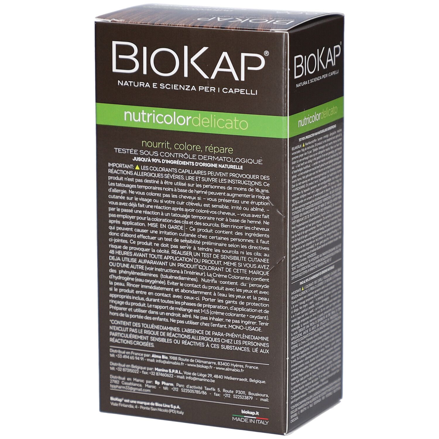 Côté de la boîte BIOKAP. Texte multilingue. Contient des informations sur le produit et les ingrédients.