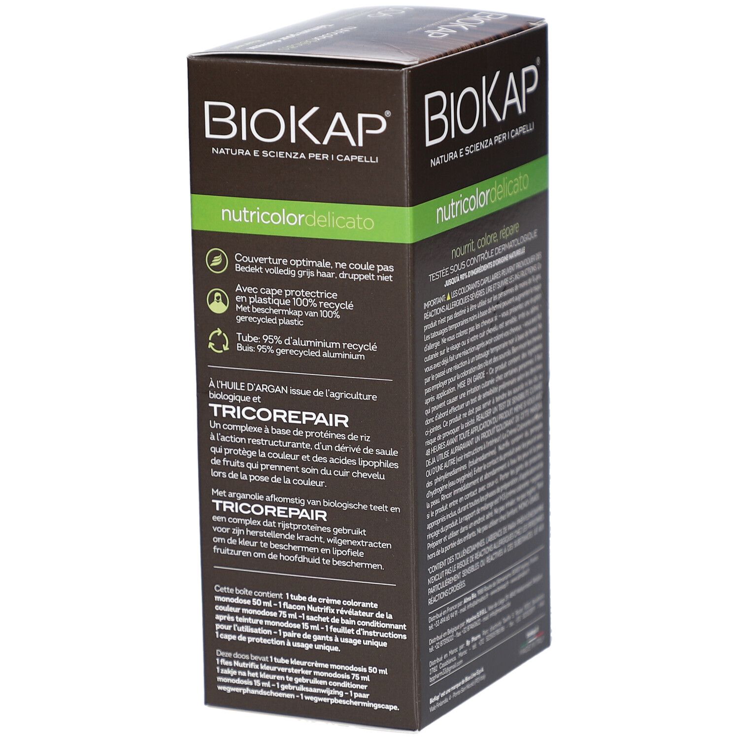 Côté de la boîte BIOKAP. Texte multilingue. Contient des informations sur le produit et les ingrédients.