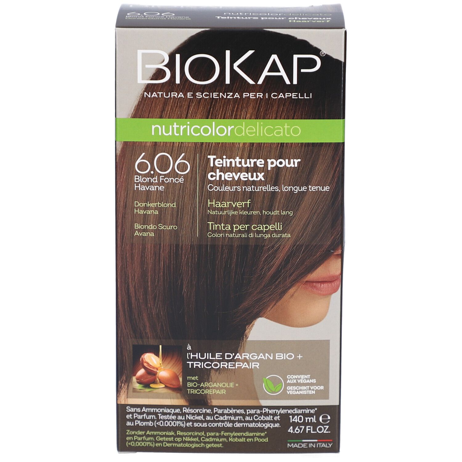 Boîte BIOKAP, face avant. Nom du produit et teinte: 6.06, Blond Fonce Havane. Contient de l'huile d'argan et Tricorepair.