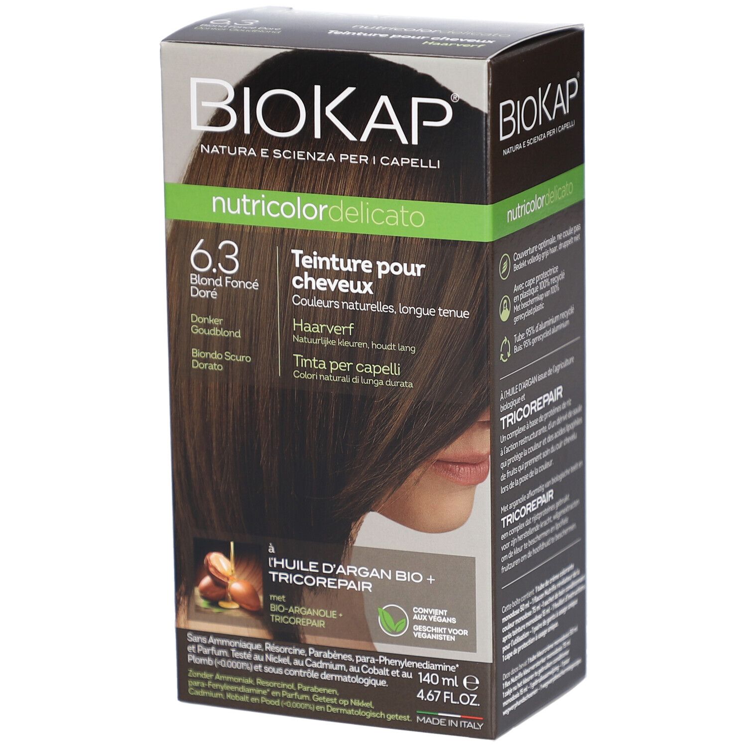 Boîte Biokap Nutricolordelicato 6.3 Blond Foncé Doré. Face avant avec image du produit et couleur de cheveux. Texte en allemand, français, italien, néerlandais.