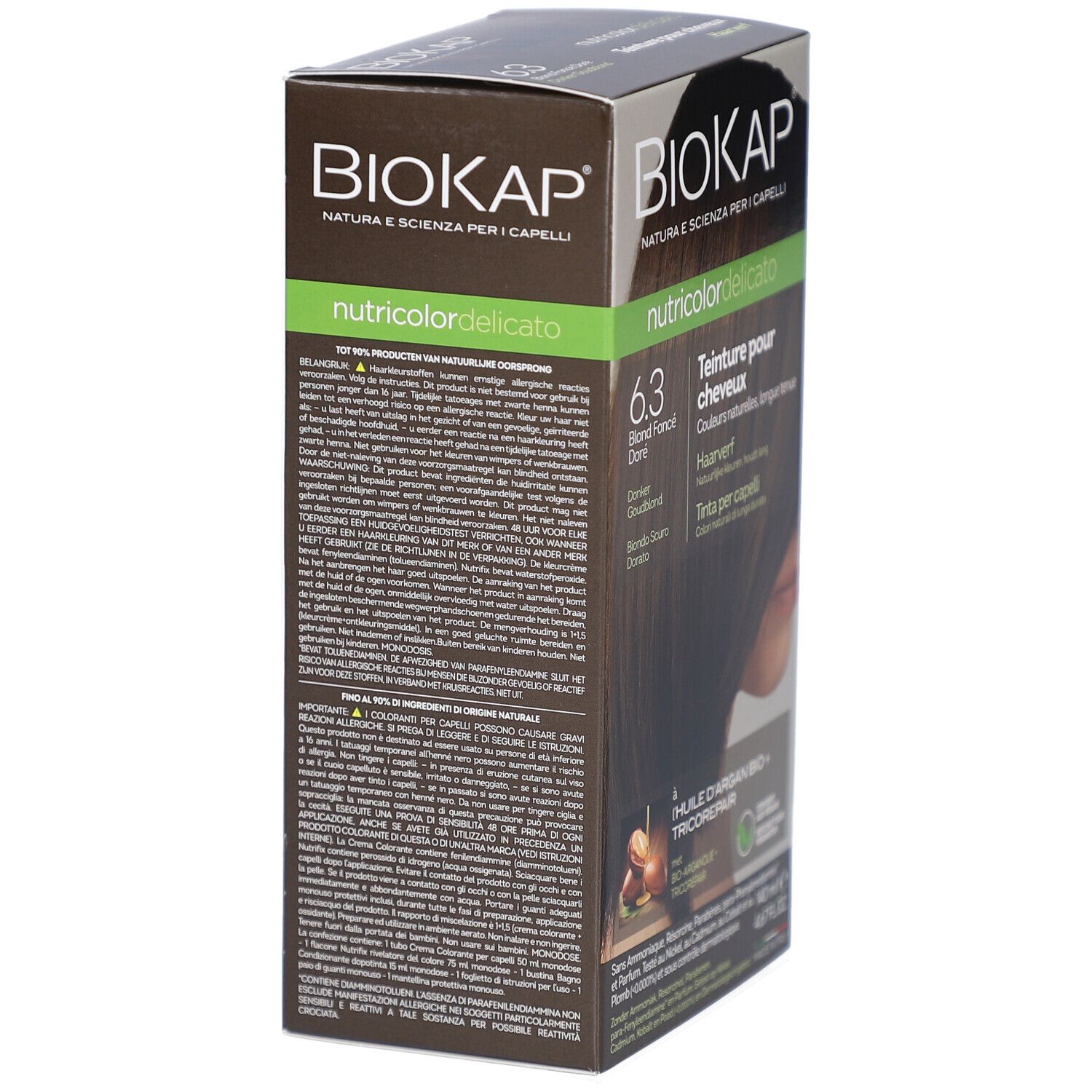 Boîte Biokap Nutricolordelicato 6.3 Blond Foncé Doré. Vue latérale avec texte en allemand, français, italien, néerlandais. Informations sur le produit.
